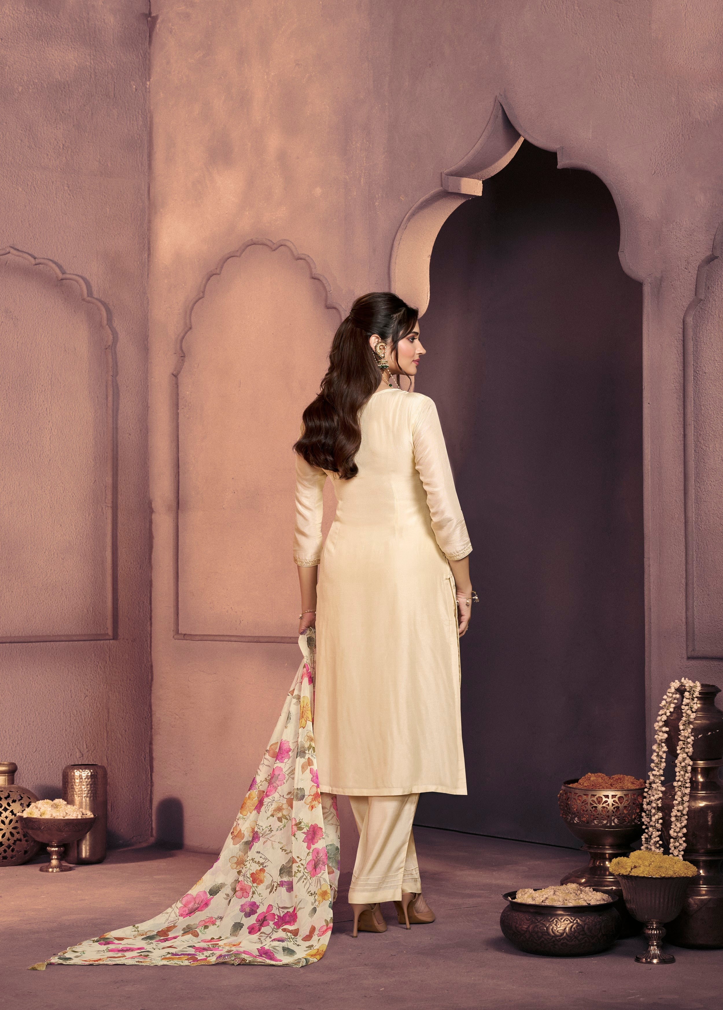 Cream White Embellished Dola Silk Pant Set - Image 6