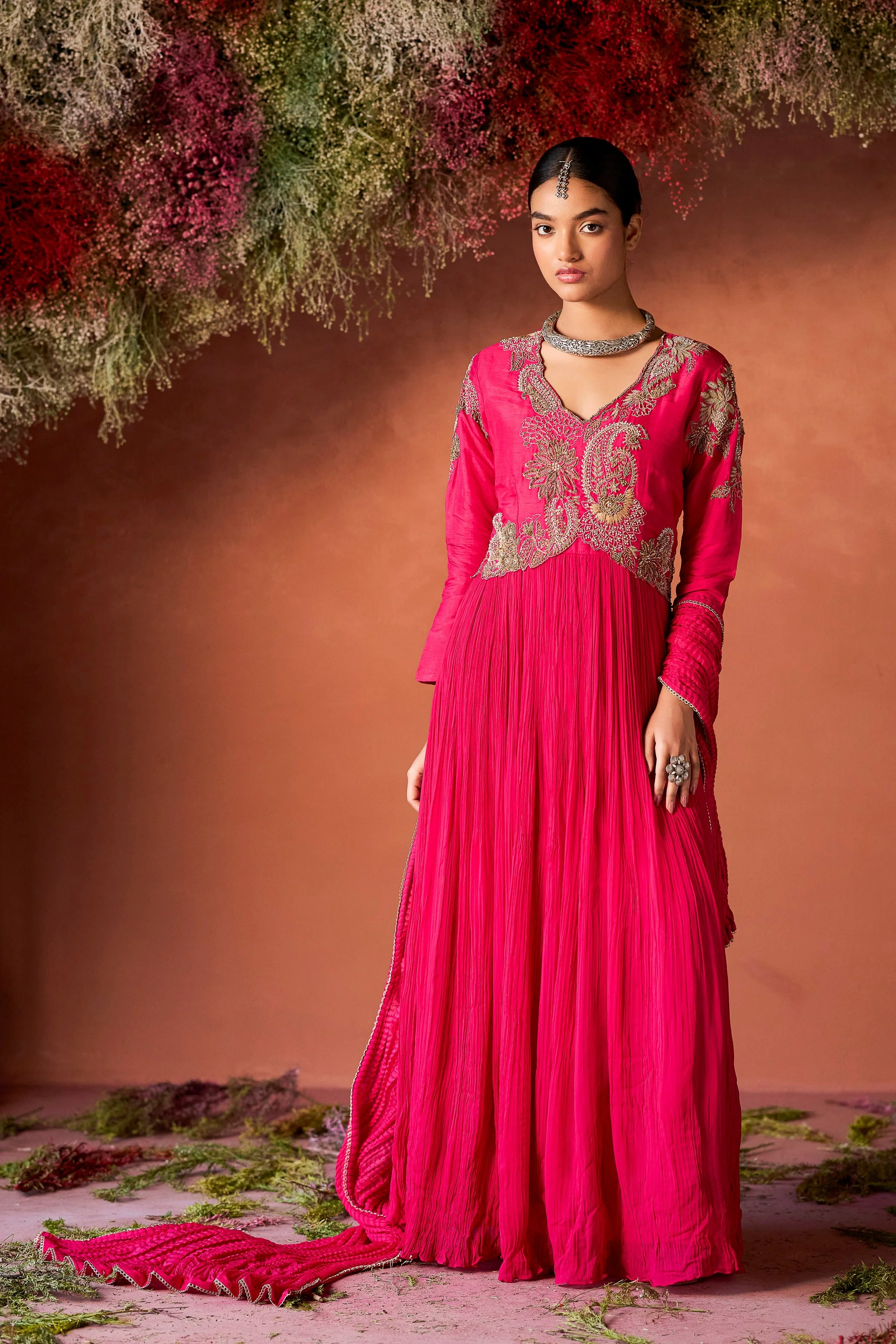 Rani Pink Embellished Georgette Silk Anarkali Set - Image 3