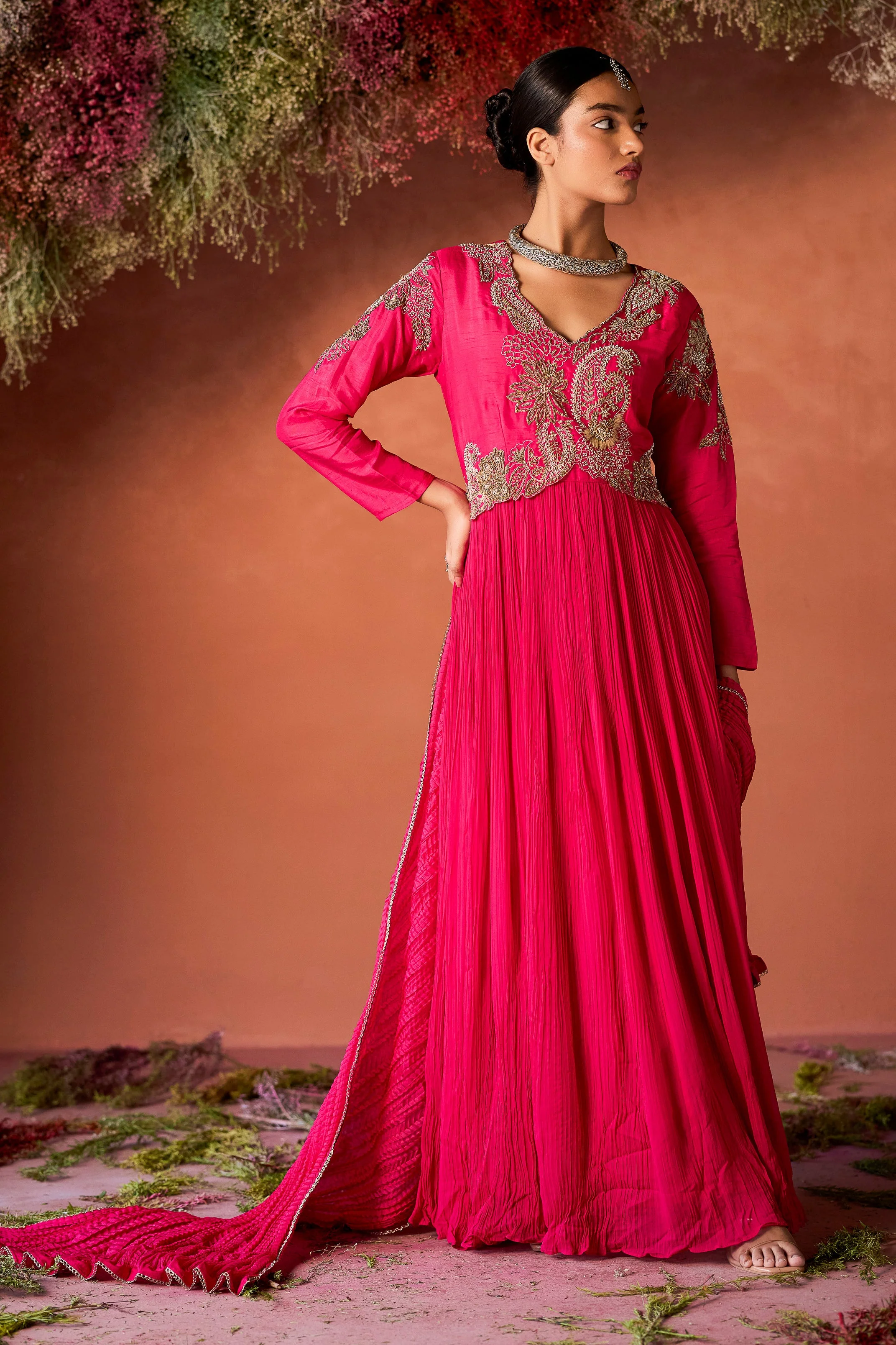 Rani Pink Embellished Georgette Silk Anarkali Set - Image 4