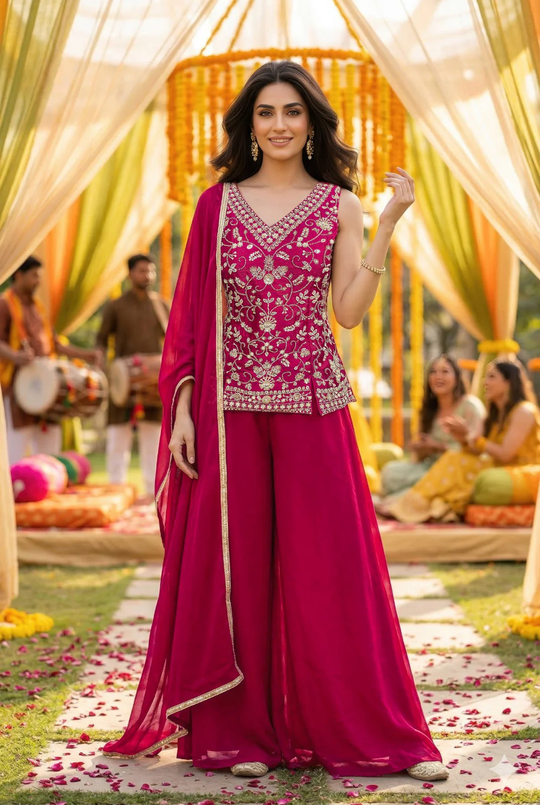 Rani Pink Embellished Georgette Silk Palazzo Set