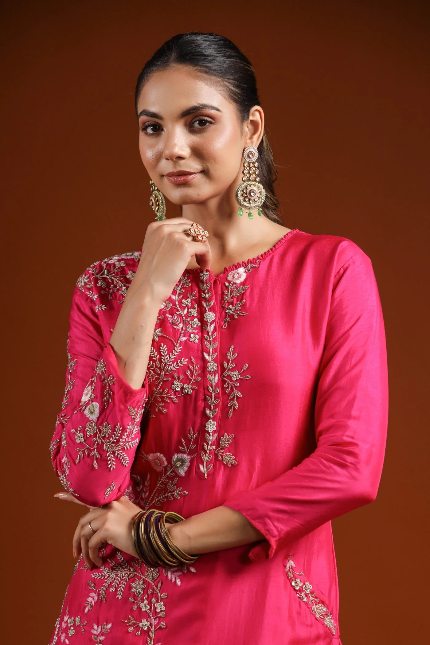 Rani Pink Embellished Kurta Set - Image 2
