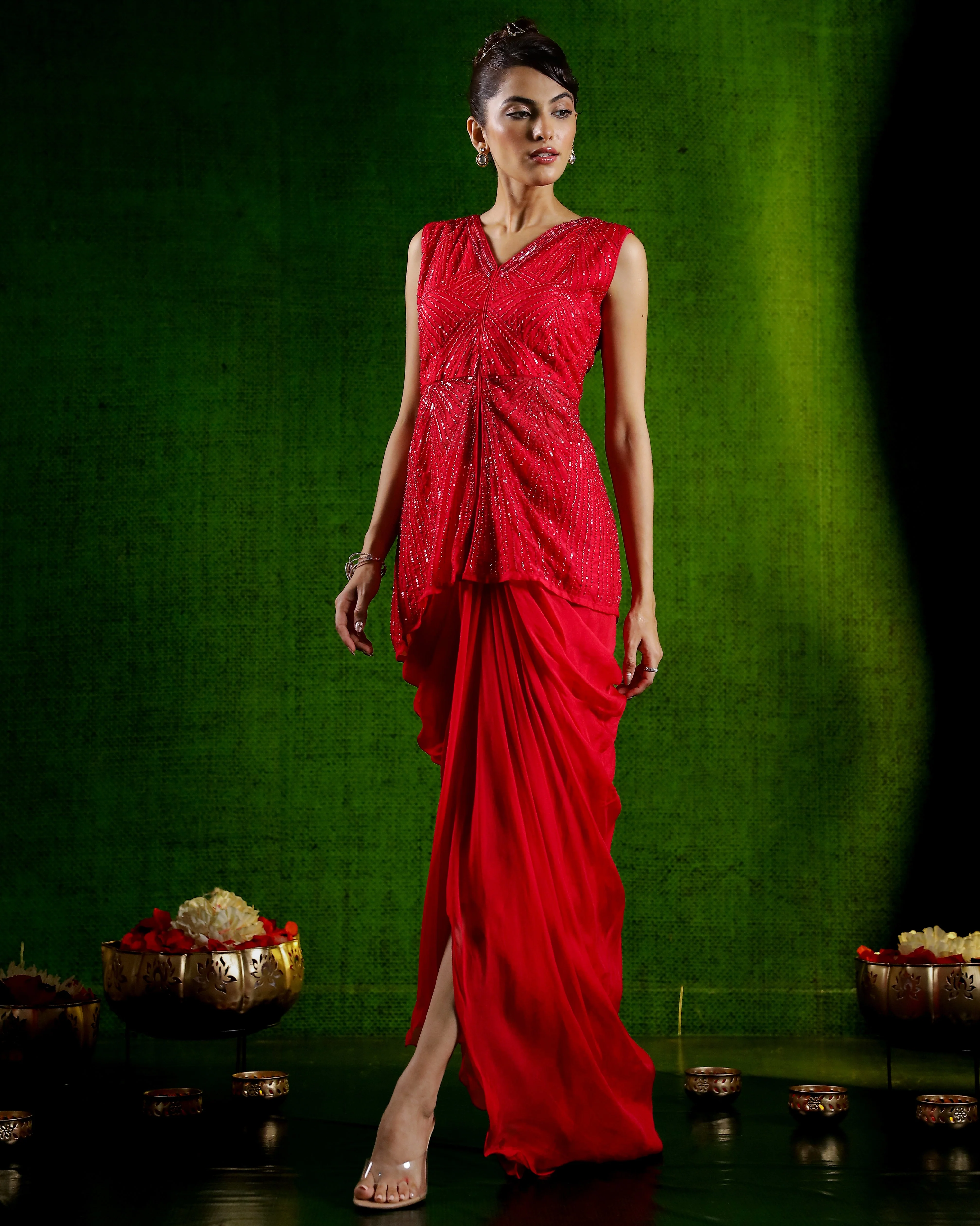 Rani Pink Embellished Organza Silk Skirt Set - Image 4