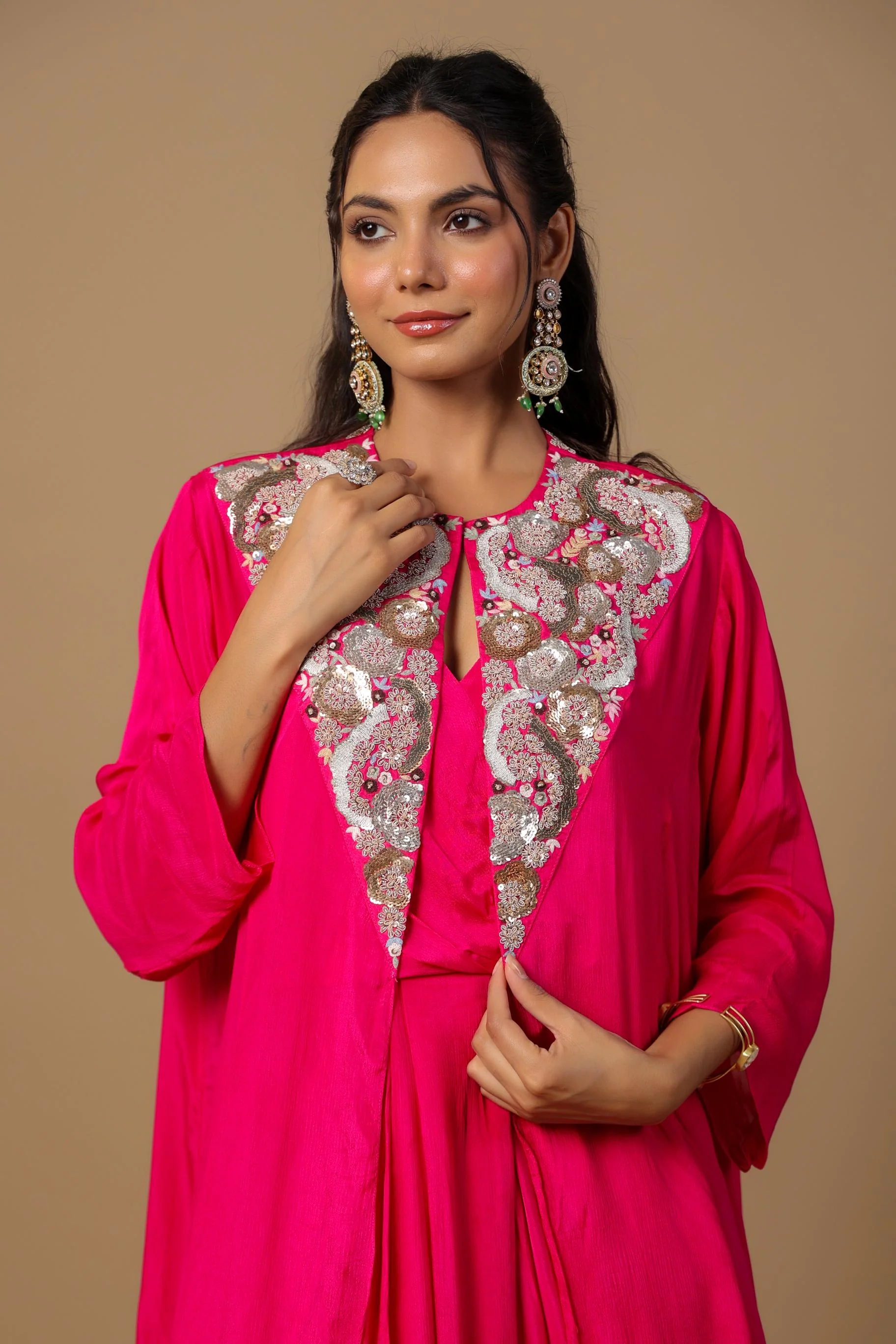 Rani Pink Embellished Premium Chinon Silk Cape Gown - Image 2
