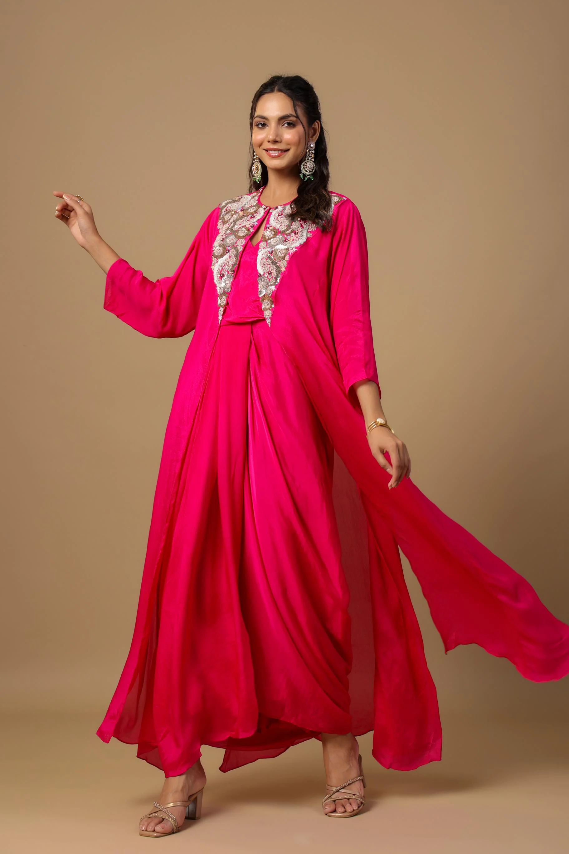 Rani Pink Embellished Premium Chinon Silk Cape Gown - Image 3