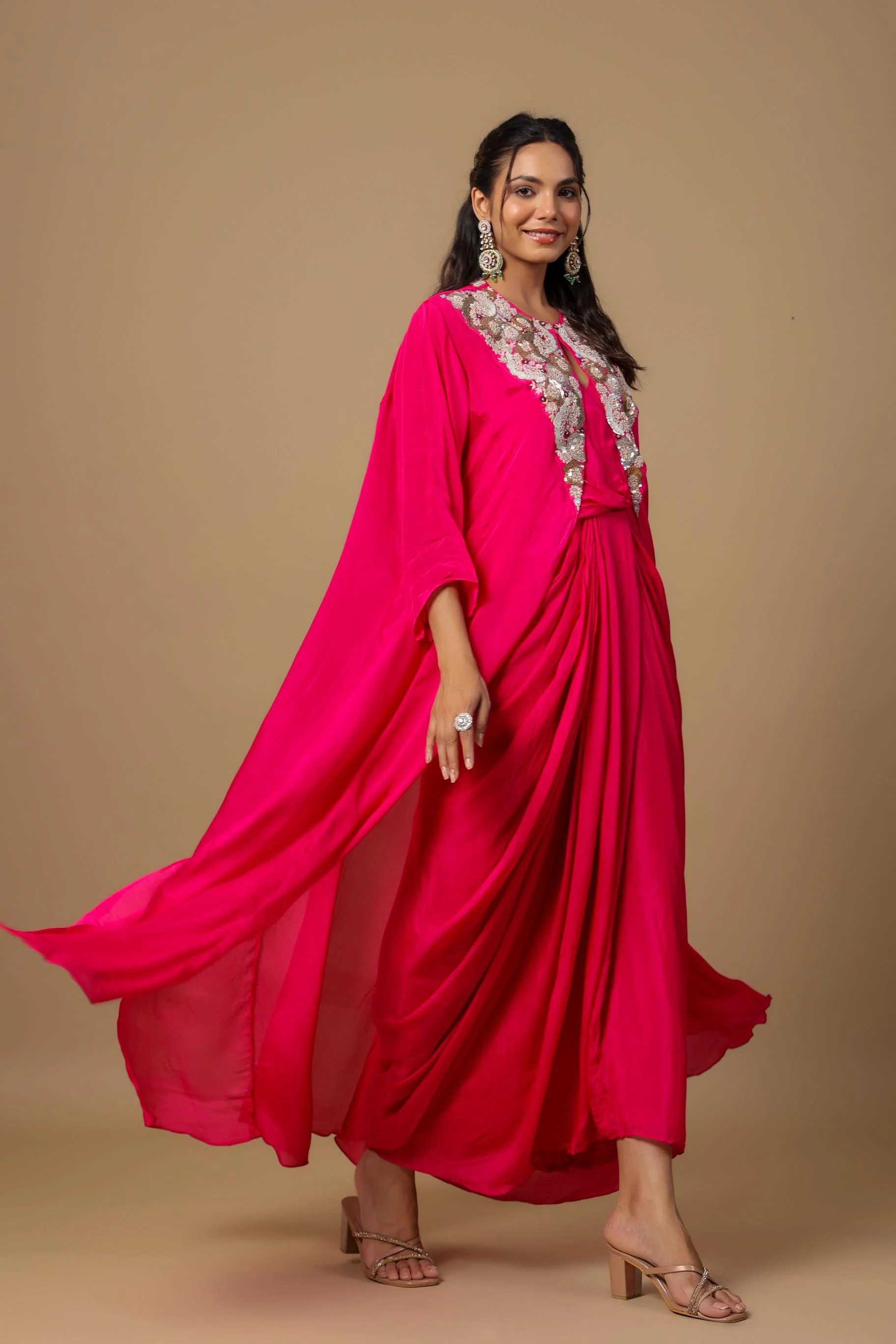 Rani Pink Embellished Premium Chinon Silk Cape Gown - Image 4