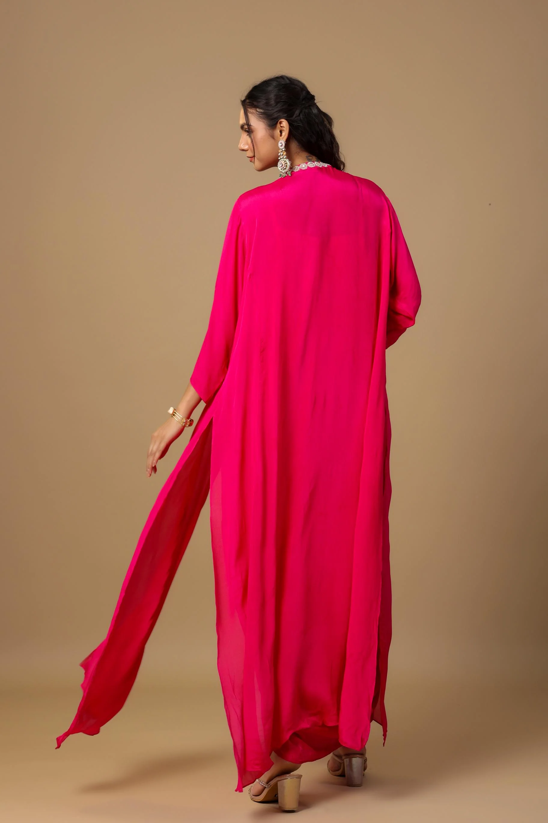 Rani Pink Embellished Premium Chinon Silk Cape Gown - Image 5