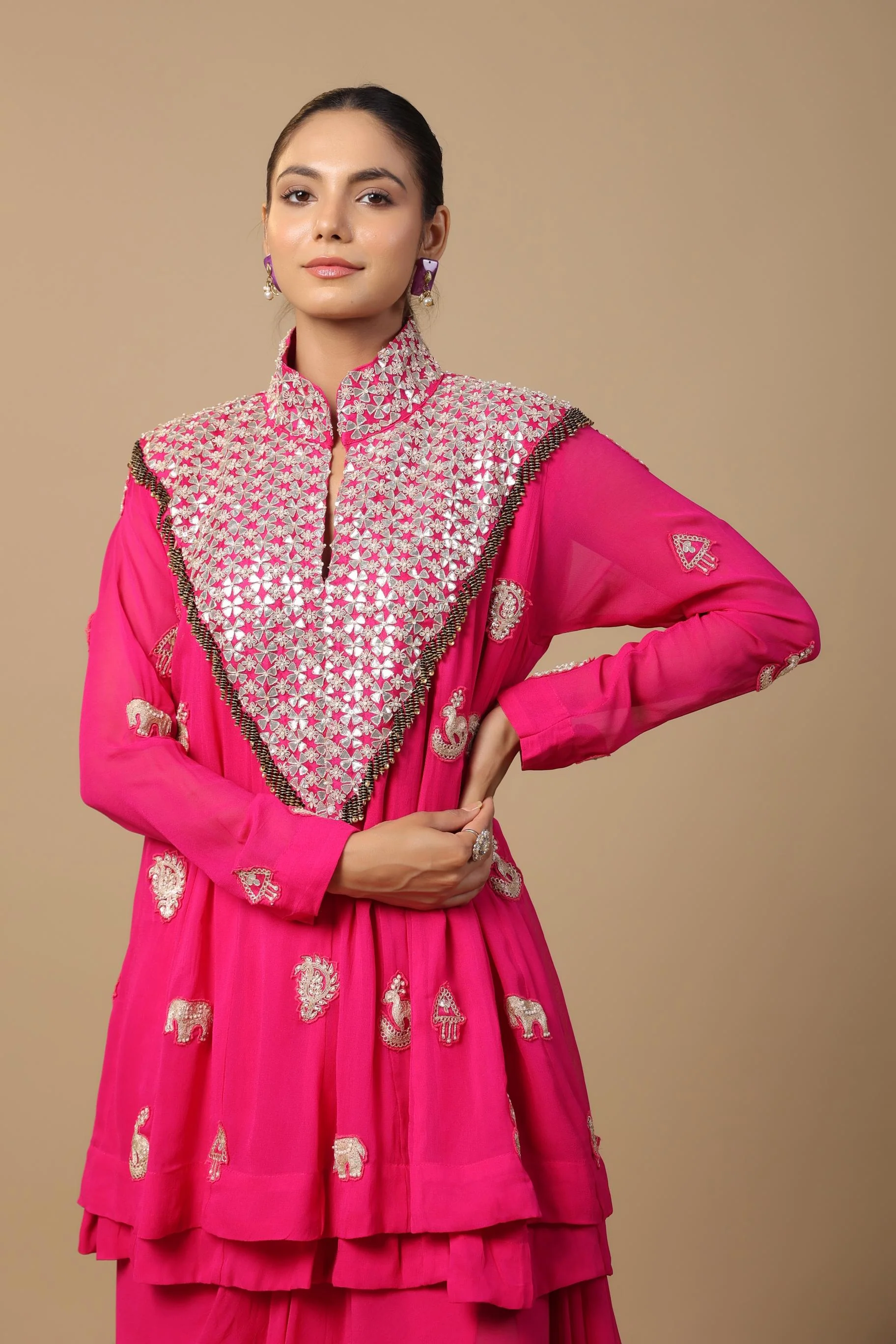Rani Pink Embellished Premium Georgette Silk Skirt Set - Image 2