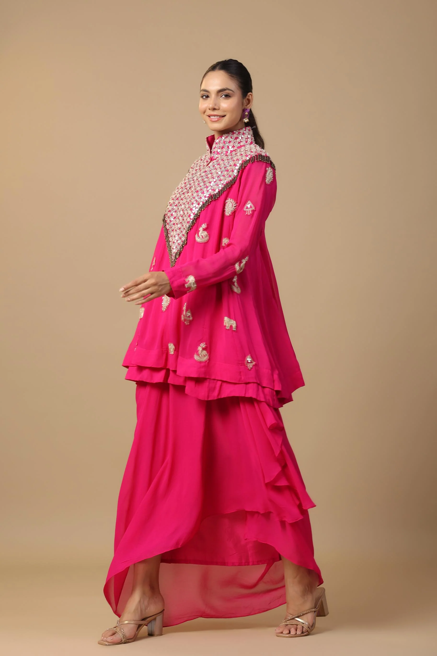 Rani Pink Embellished Premium Georgette Silk Skirt Set - Image 3