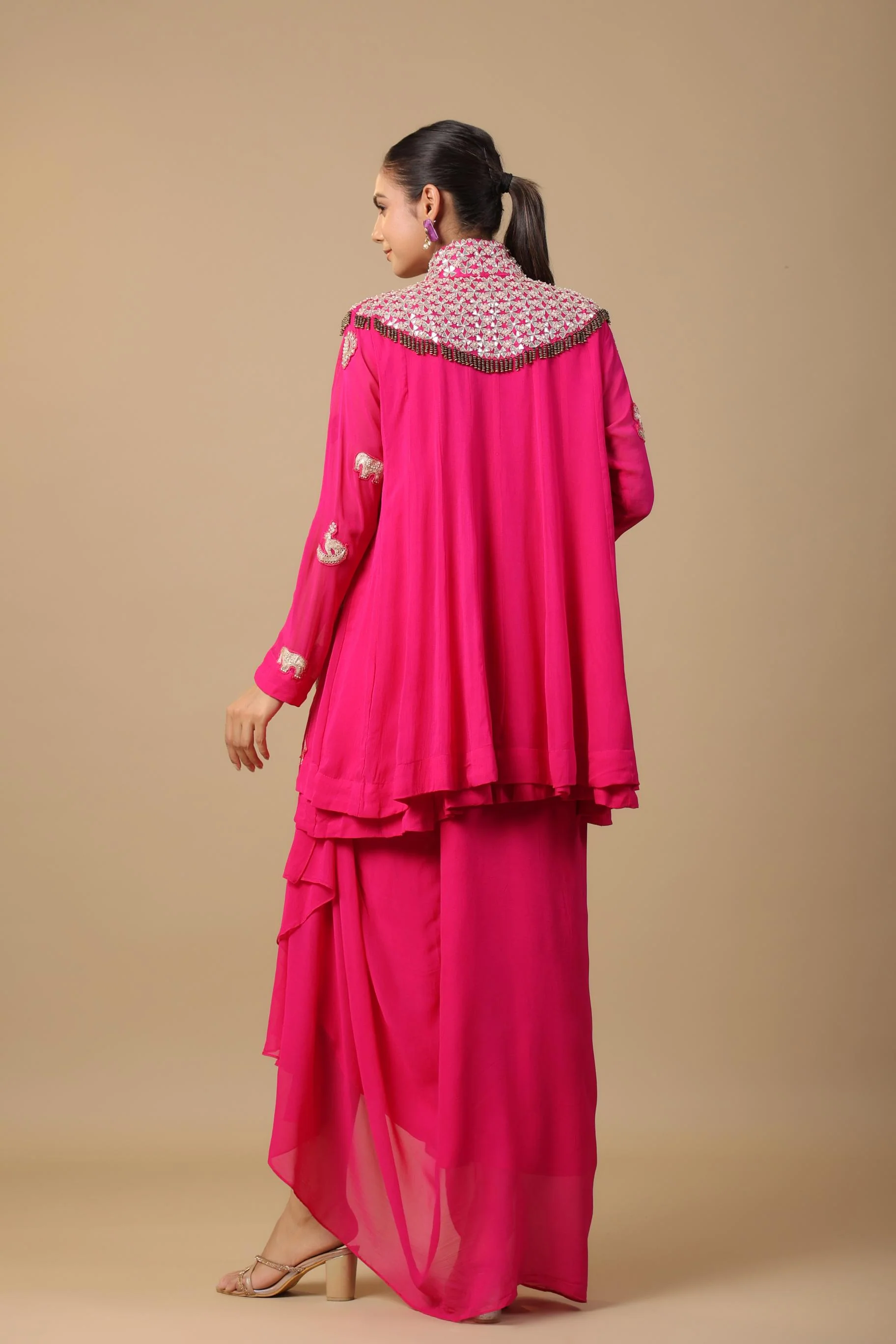 Rani Pink Embellished Premium Georgette Silk Skirt Set - Image 4