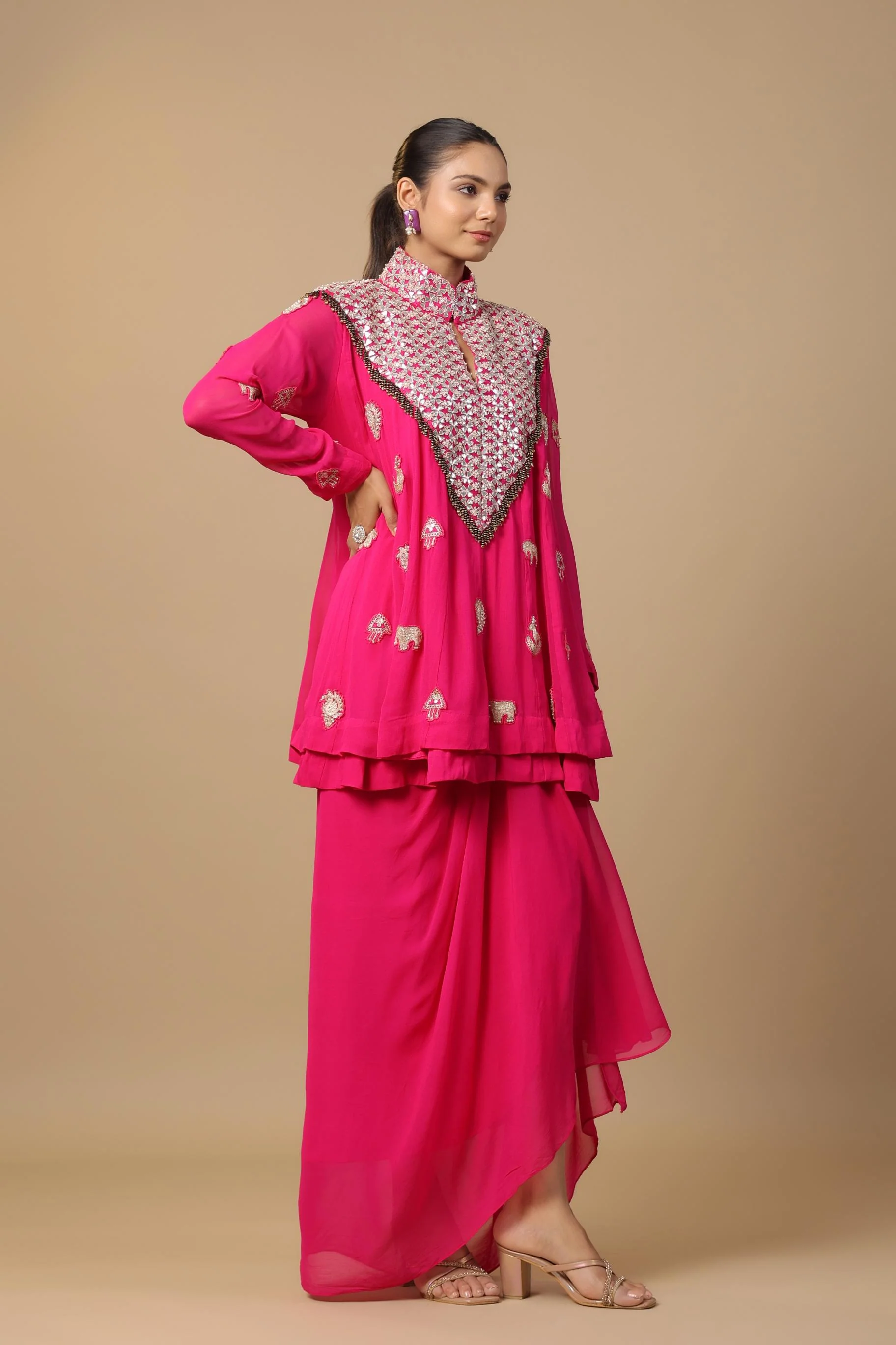 Rani Pink Embellished Premium Georgette Silk Skirt Set - Image 5