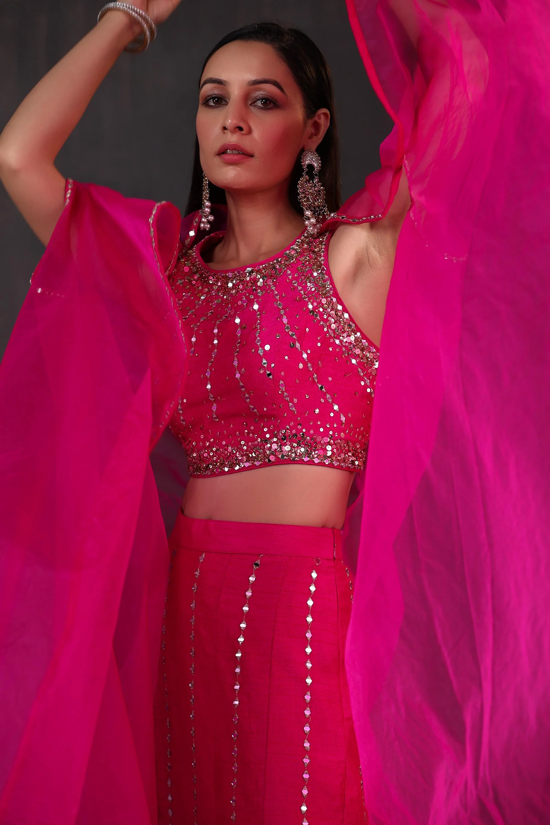 Rani Pink Embellished Premium Organza Silk Cape Set - Image 2