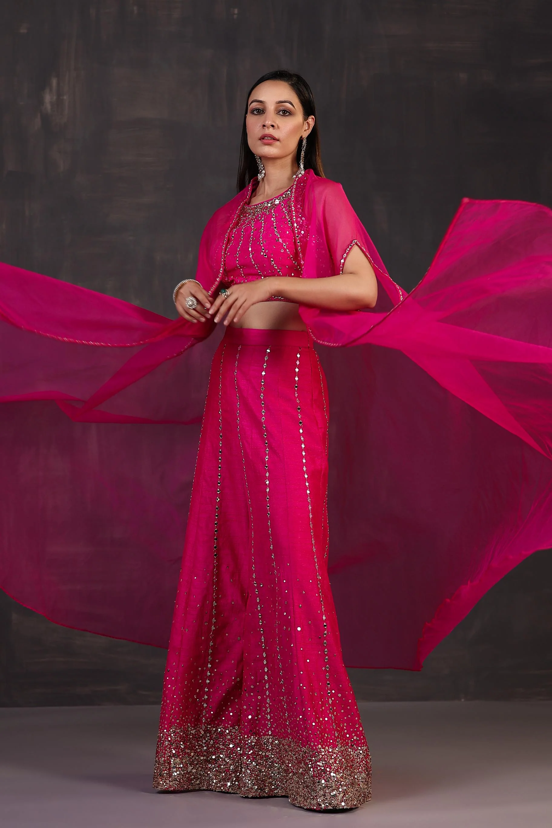 Rani Pink Embellished Premium Organza Silk Cape Set - Image 3