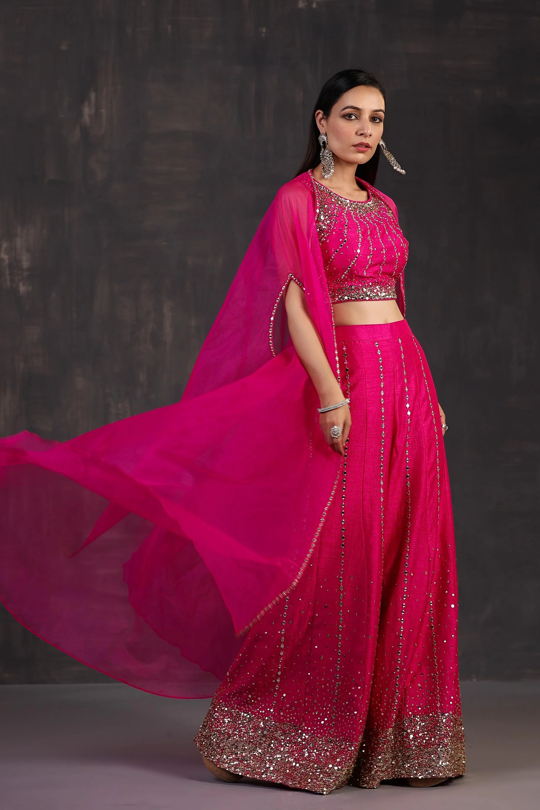 Rani Pink Embellished Premium Organza Silk Cape Set - Image 4