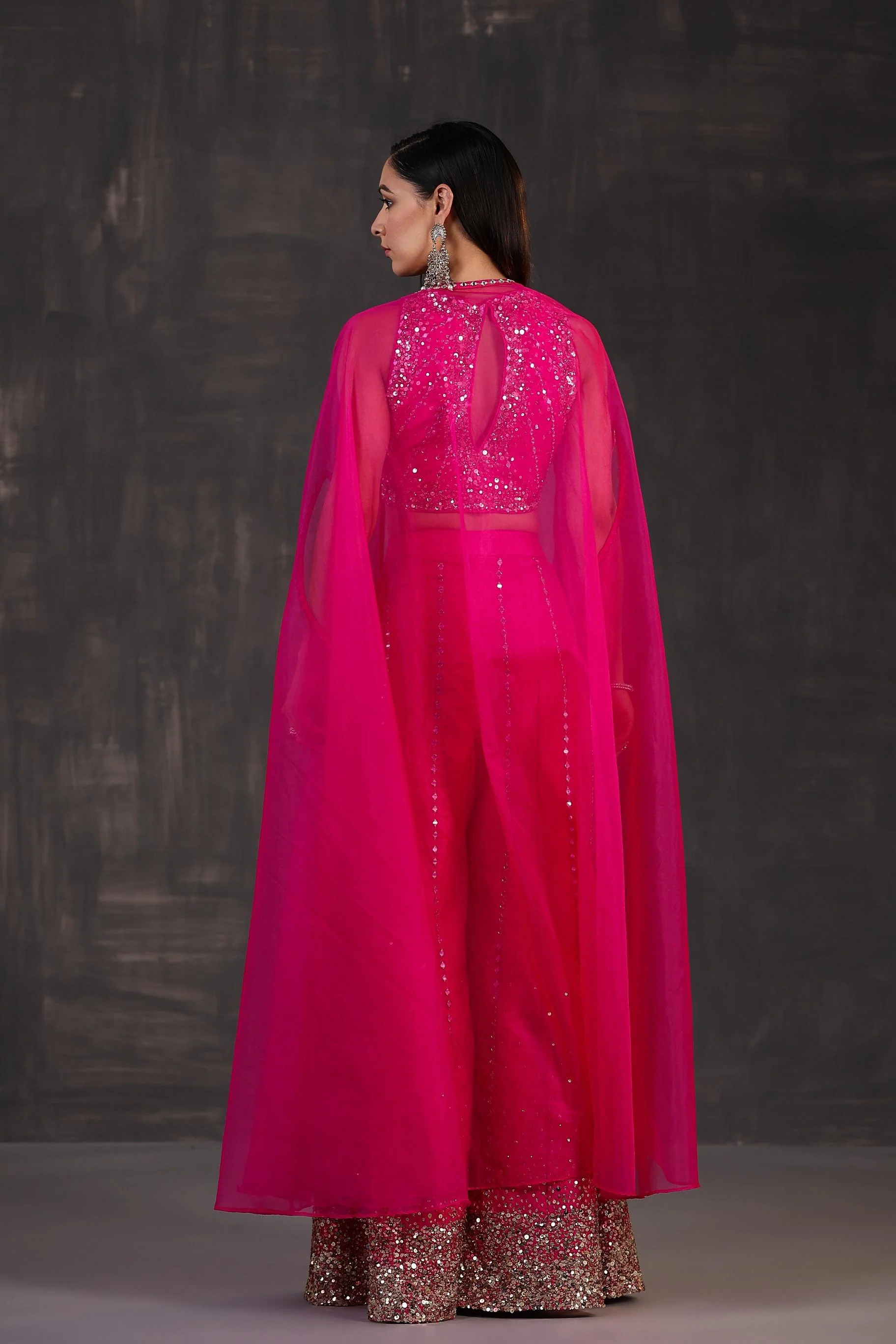 Rani Pink Embellished Premium Organza Silk Cape Set - Image 5
