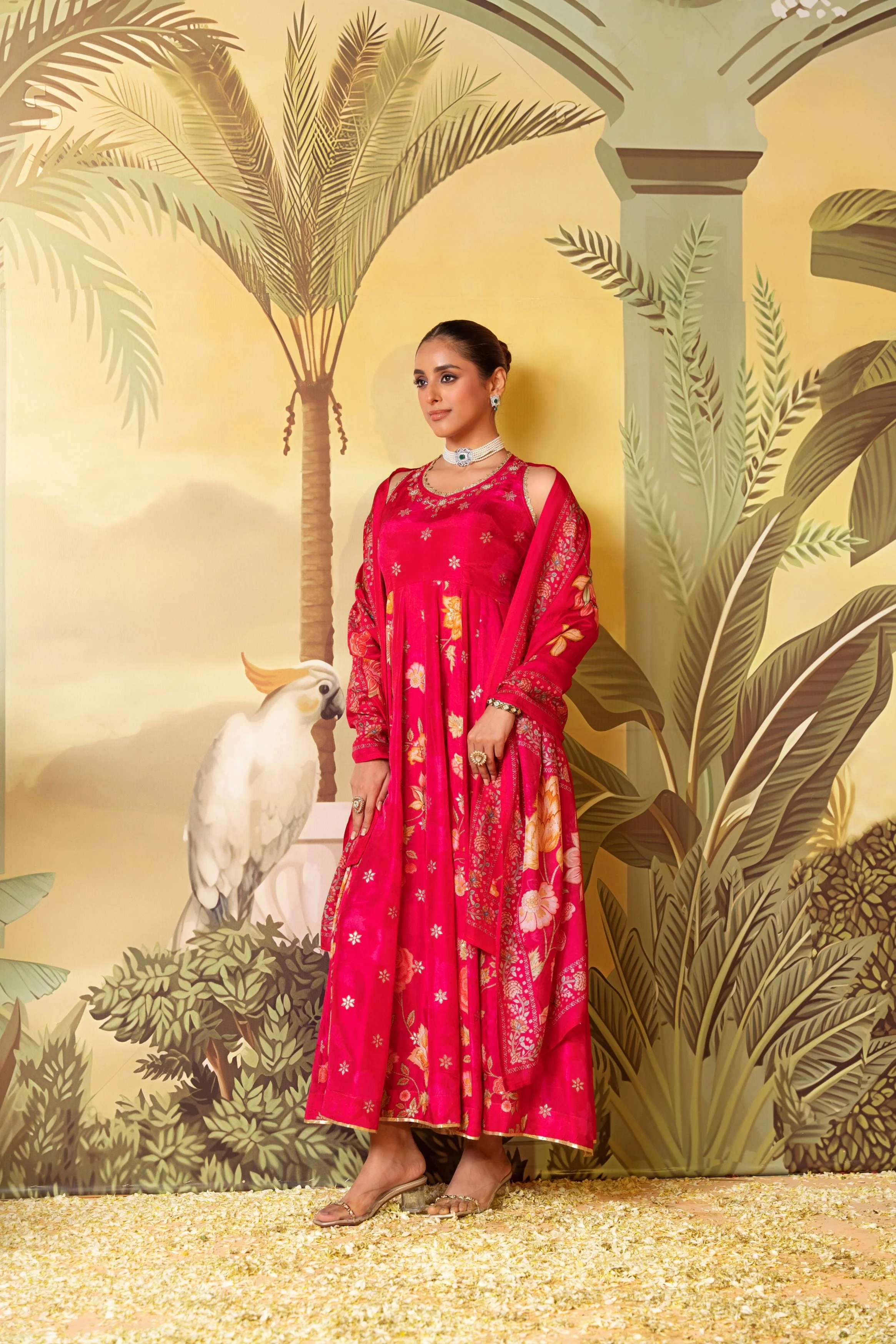 Deep Pink Embellished Chinon Silk Anarkali Set - Image 2