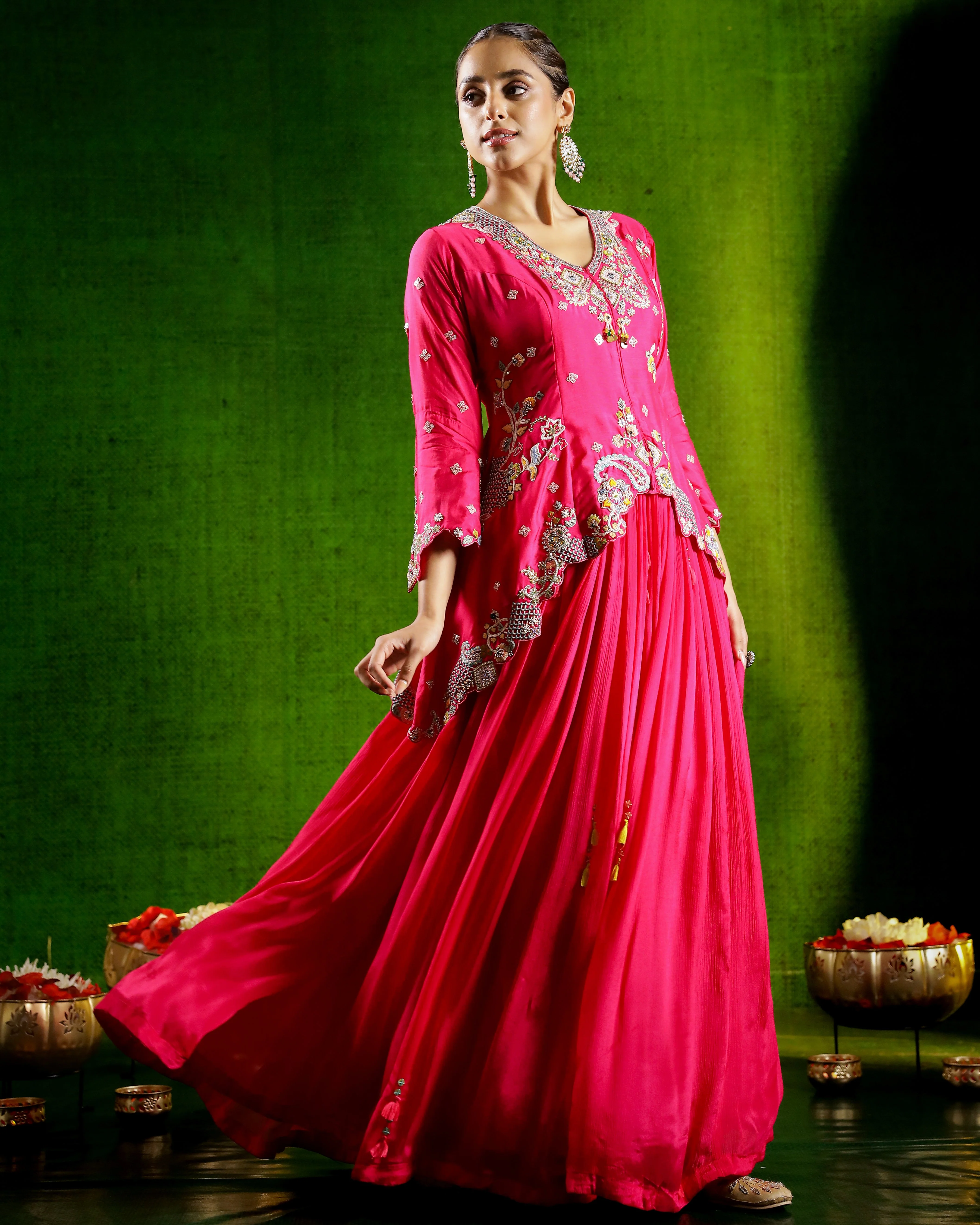 Rani Pink Embellished Premium Silk Skirt Set - Image 3