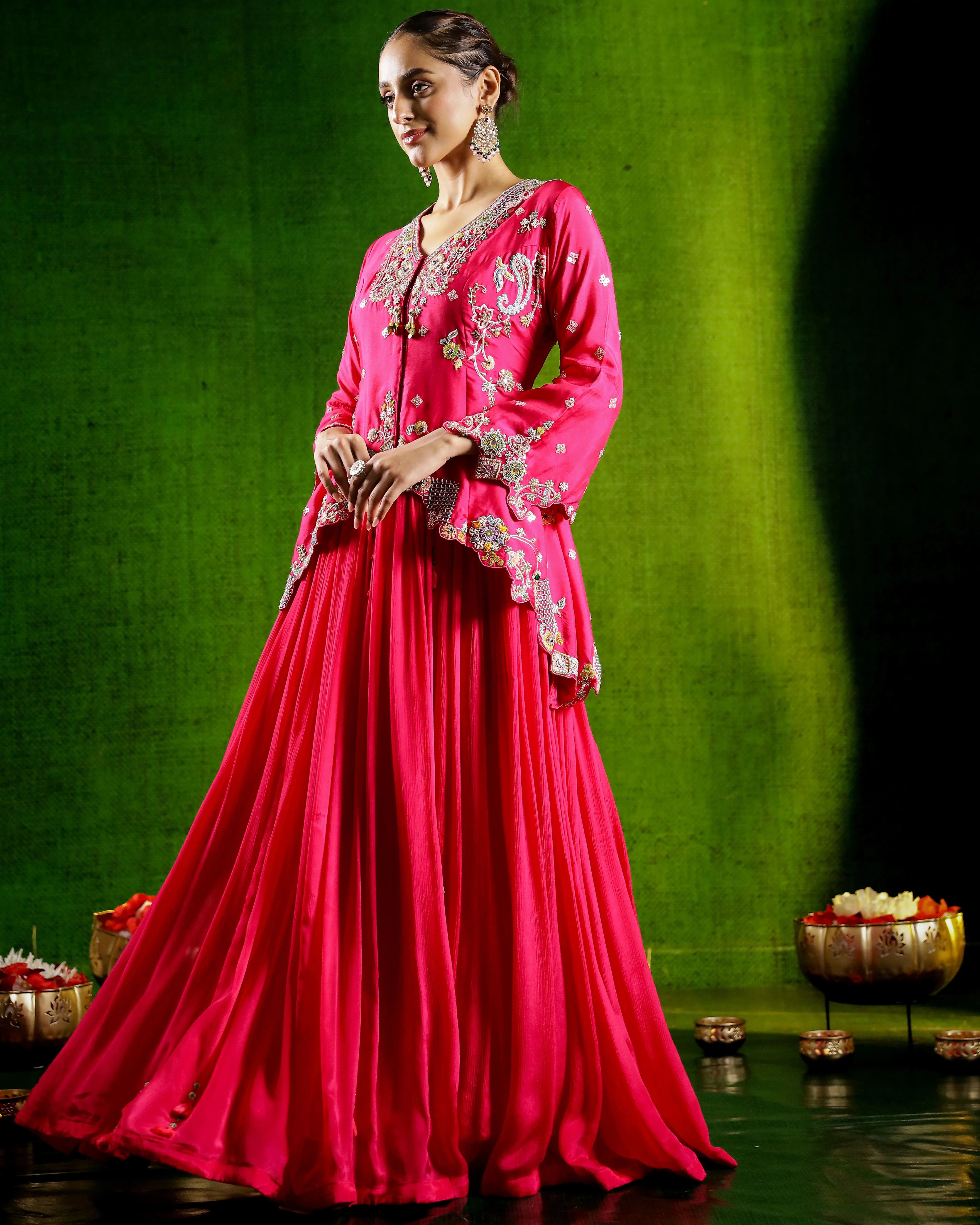 Rani Pink Embellished Premium Silk Skirt Set - Image 4