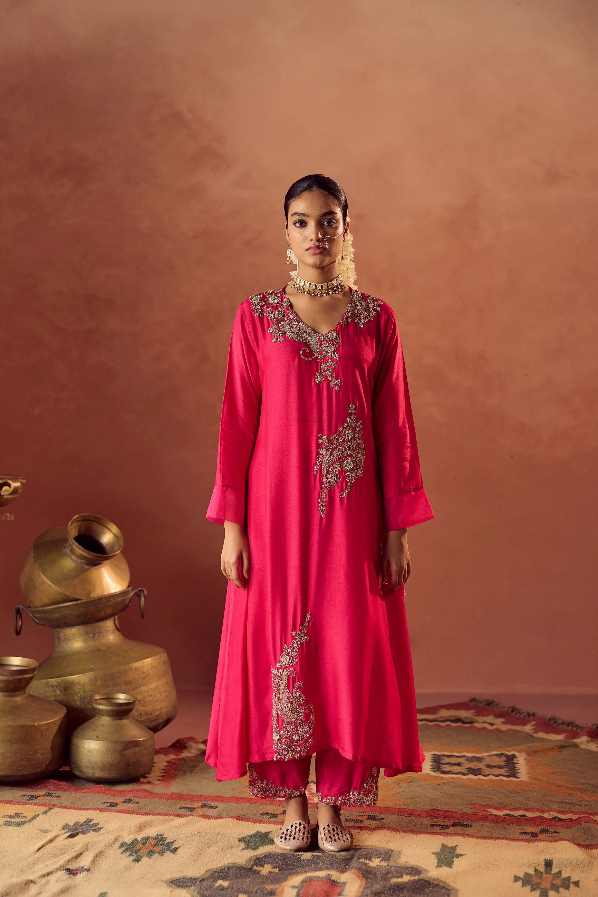 Rani Pink Embellished Raw Silk Pant Set - Image 3