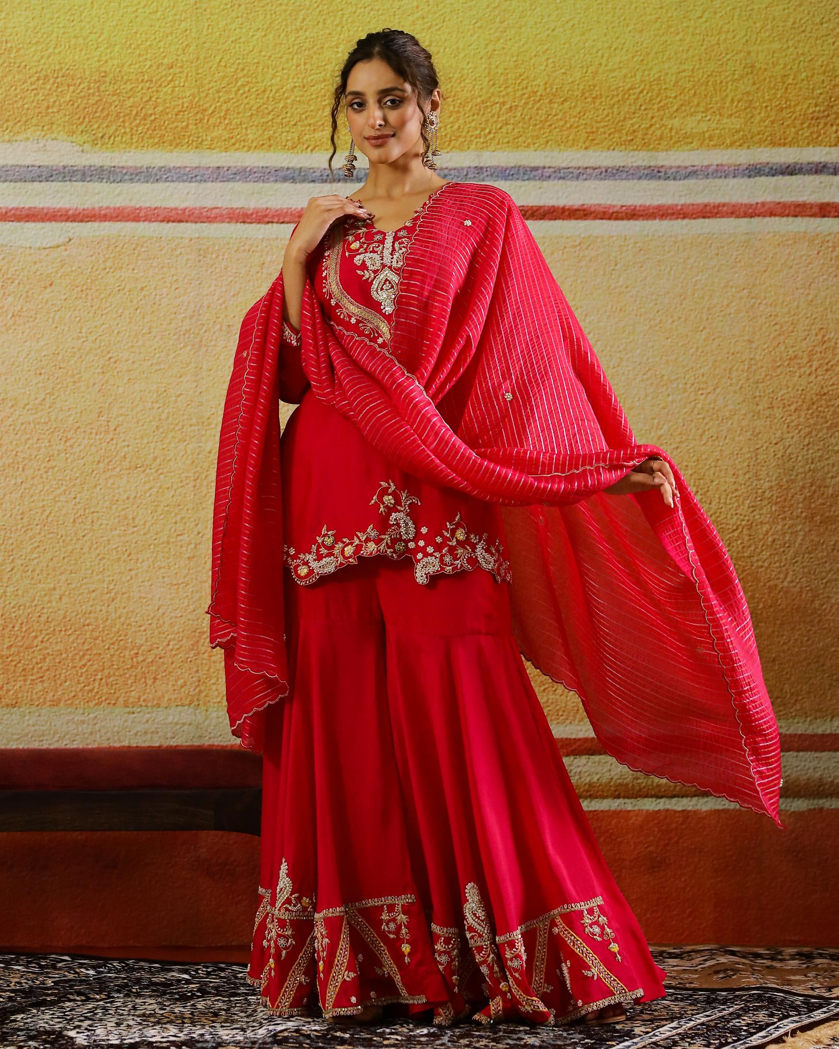 Rani Pink Embellished Raw Silk Sharara Set - Image 4