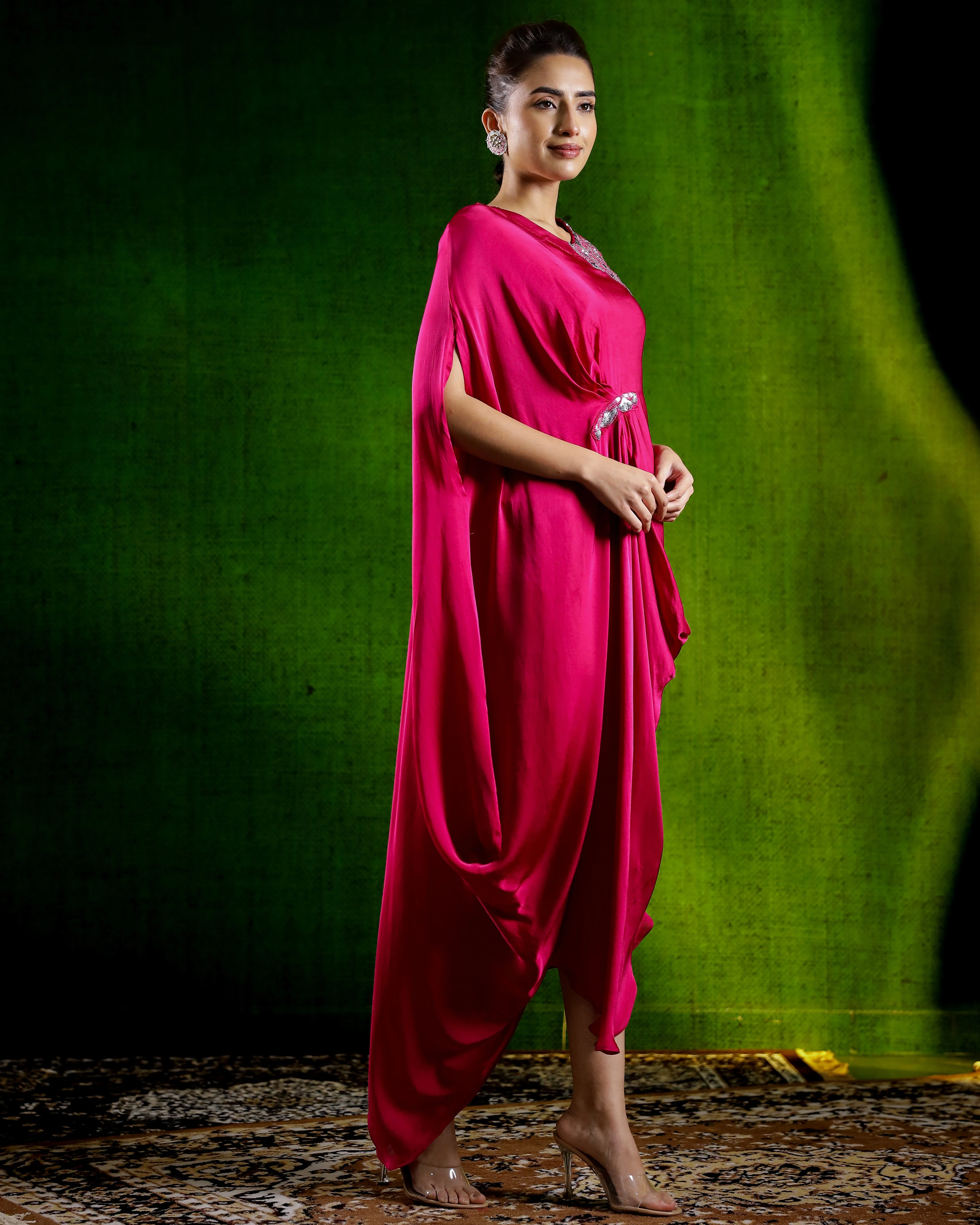 Rani Pink Embellished Satin Silk Gown - Image 3