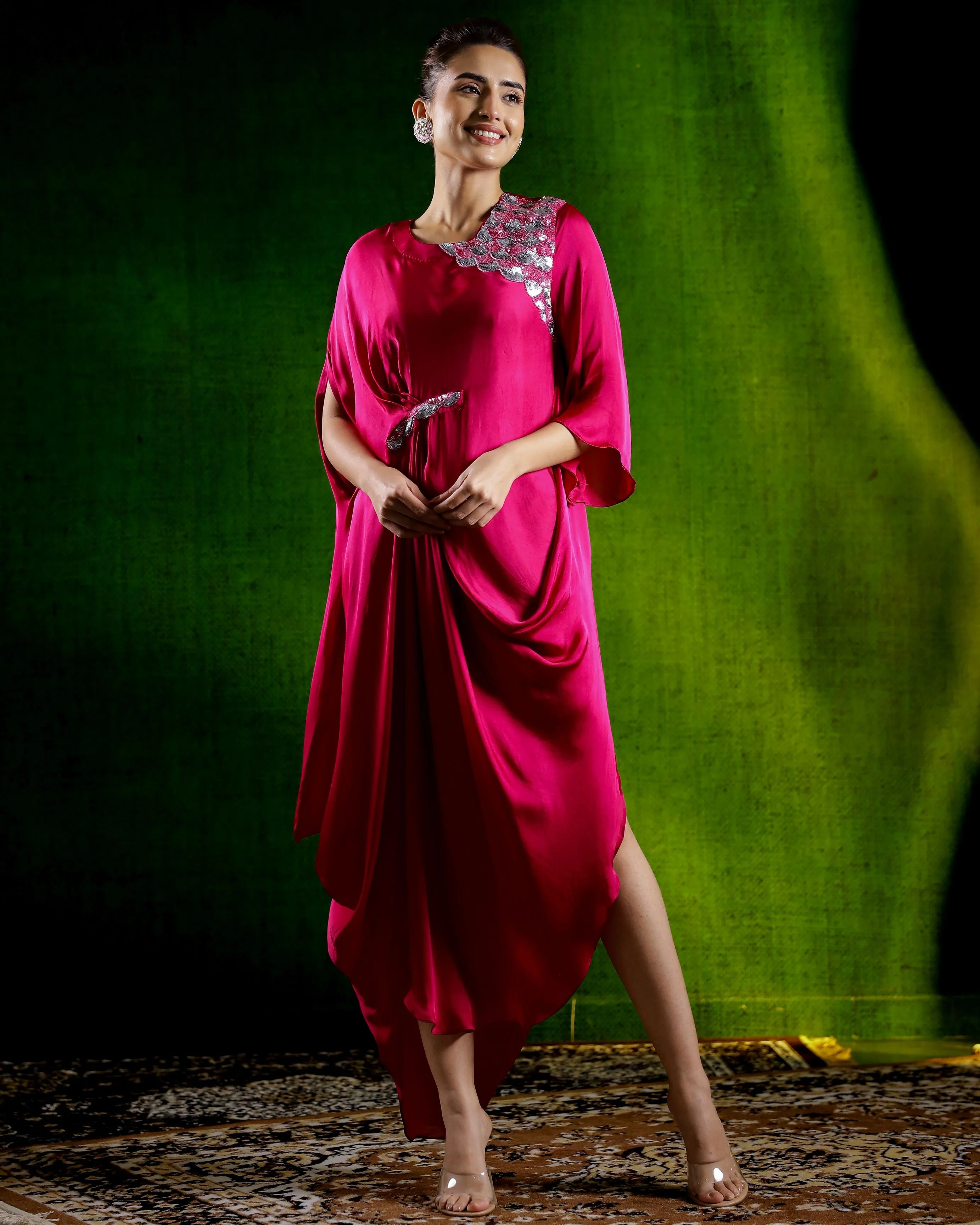 Rani Pink Embellished Satin Silk Gown - Image 4