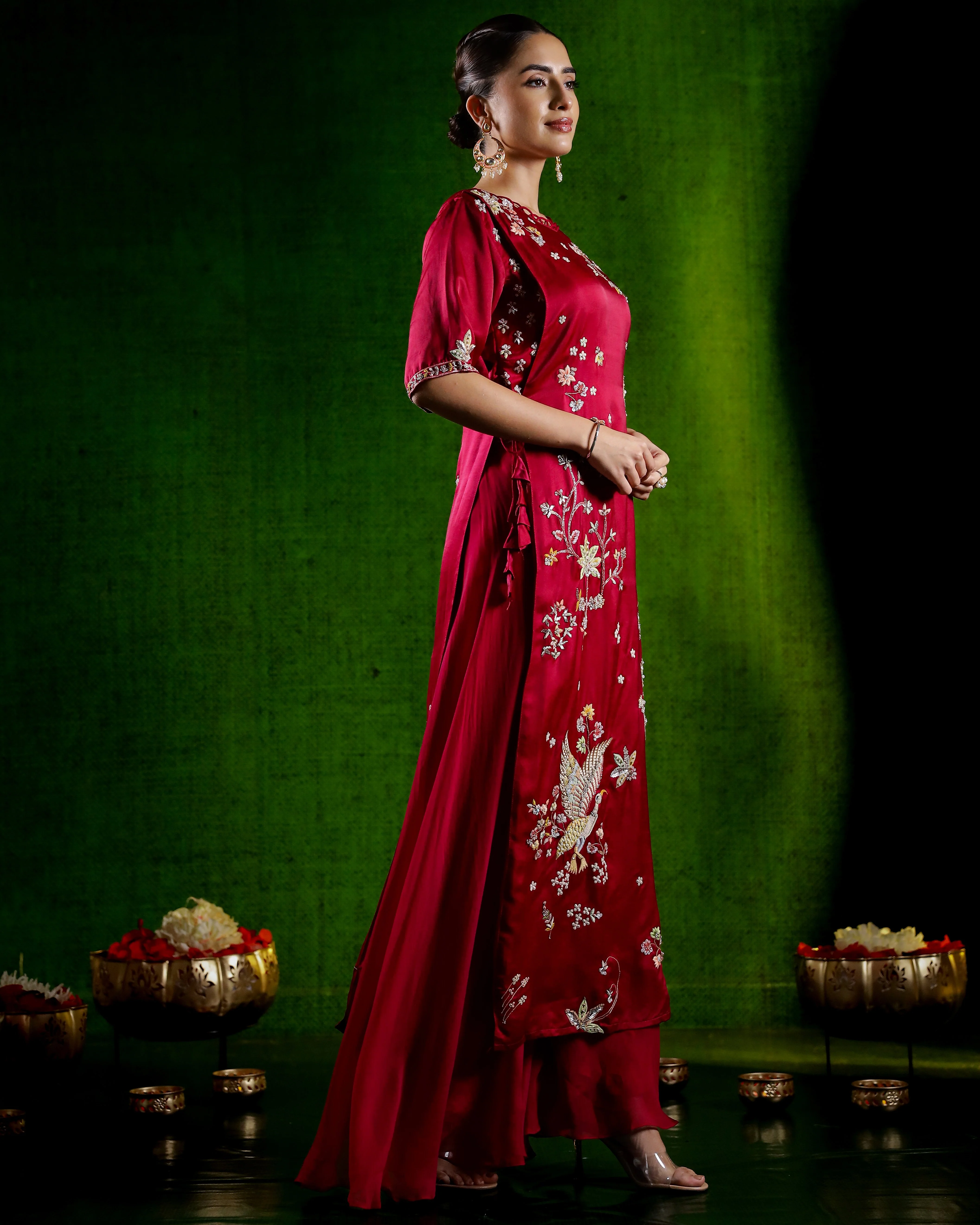Rani Pink Embellished Satin Silk Palazzo Set - Image 3