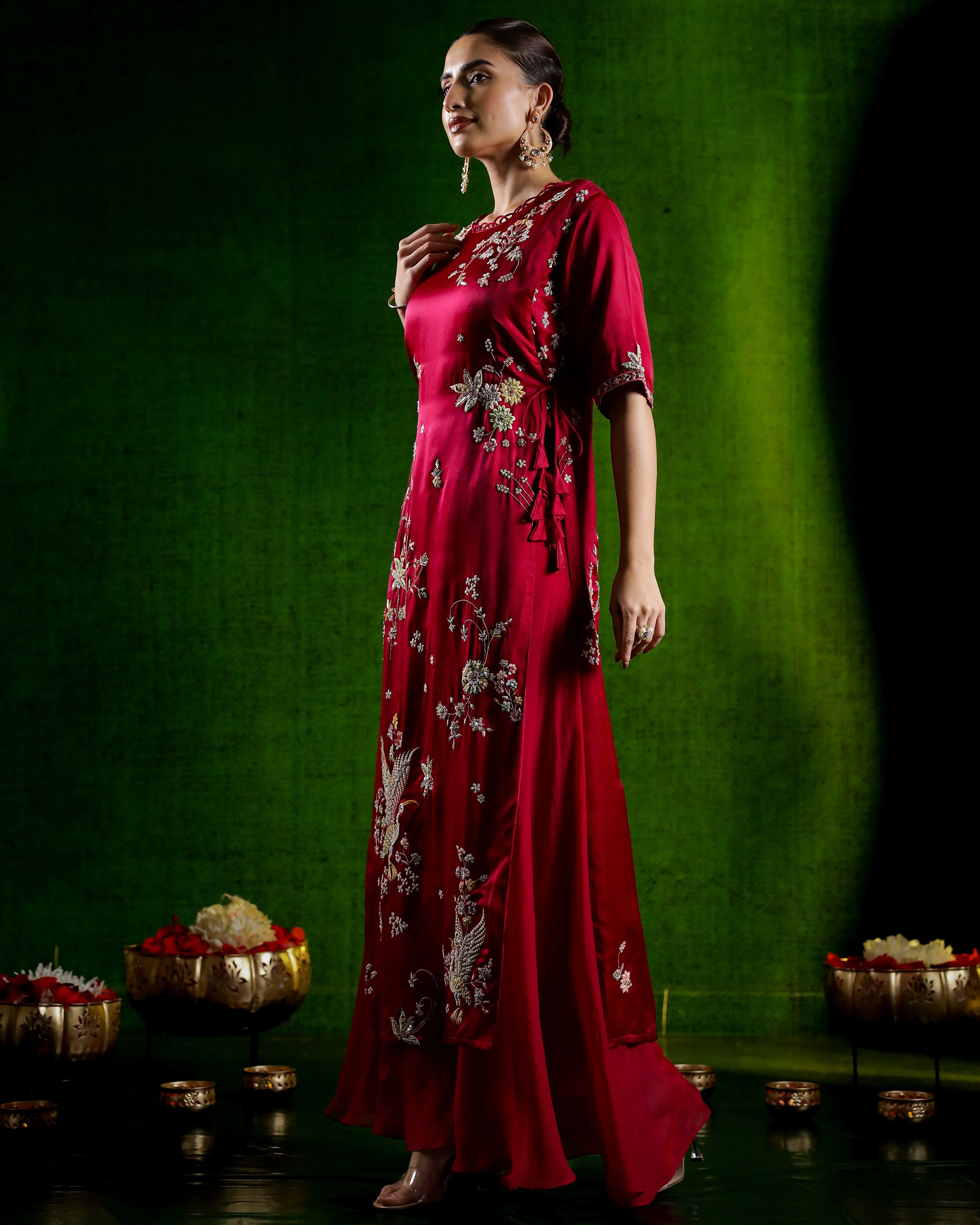 Rani Pink Embellished Satin Silk Palazzo Set - Image 4