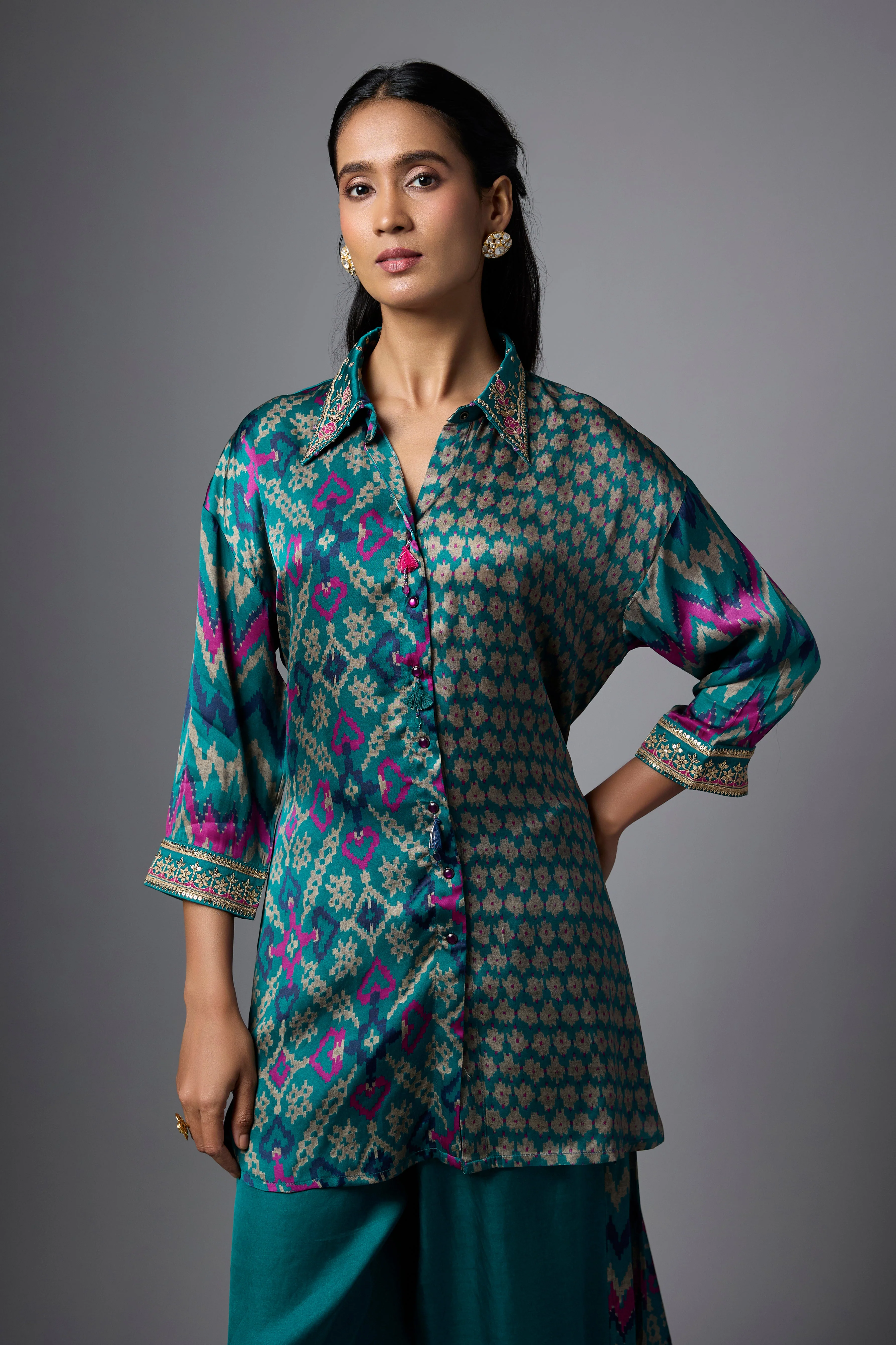 Teal Blue Printed Crepe Silk Co-Ord Set - Image 2