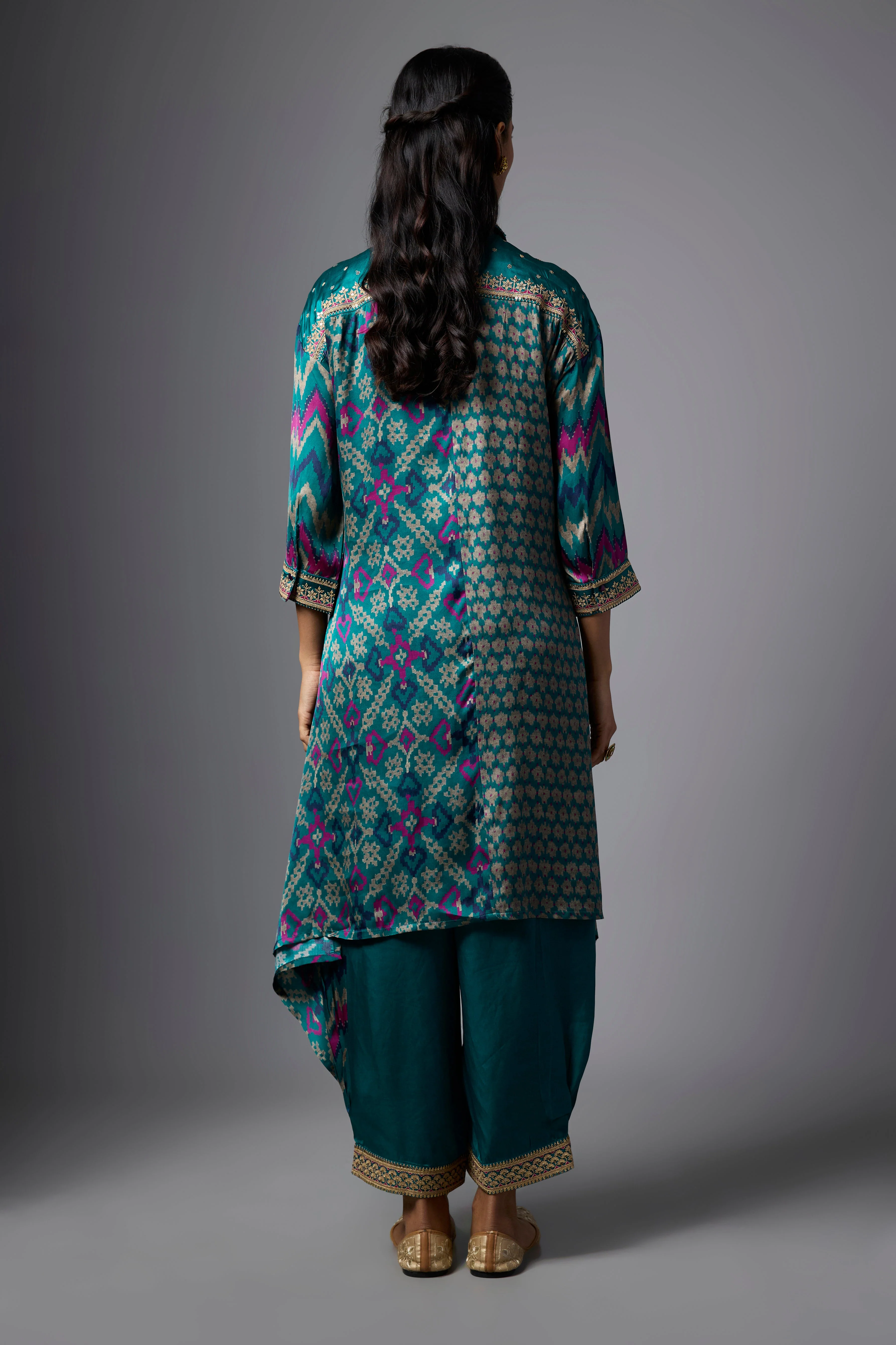 Teal Blue Printed Crepe Silk Co-Ord Set - Image 3