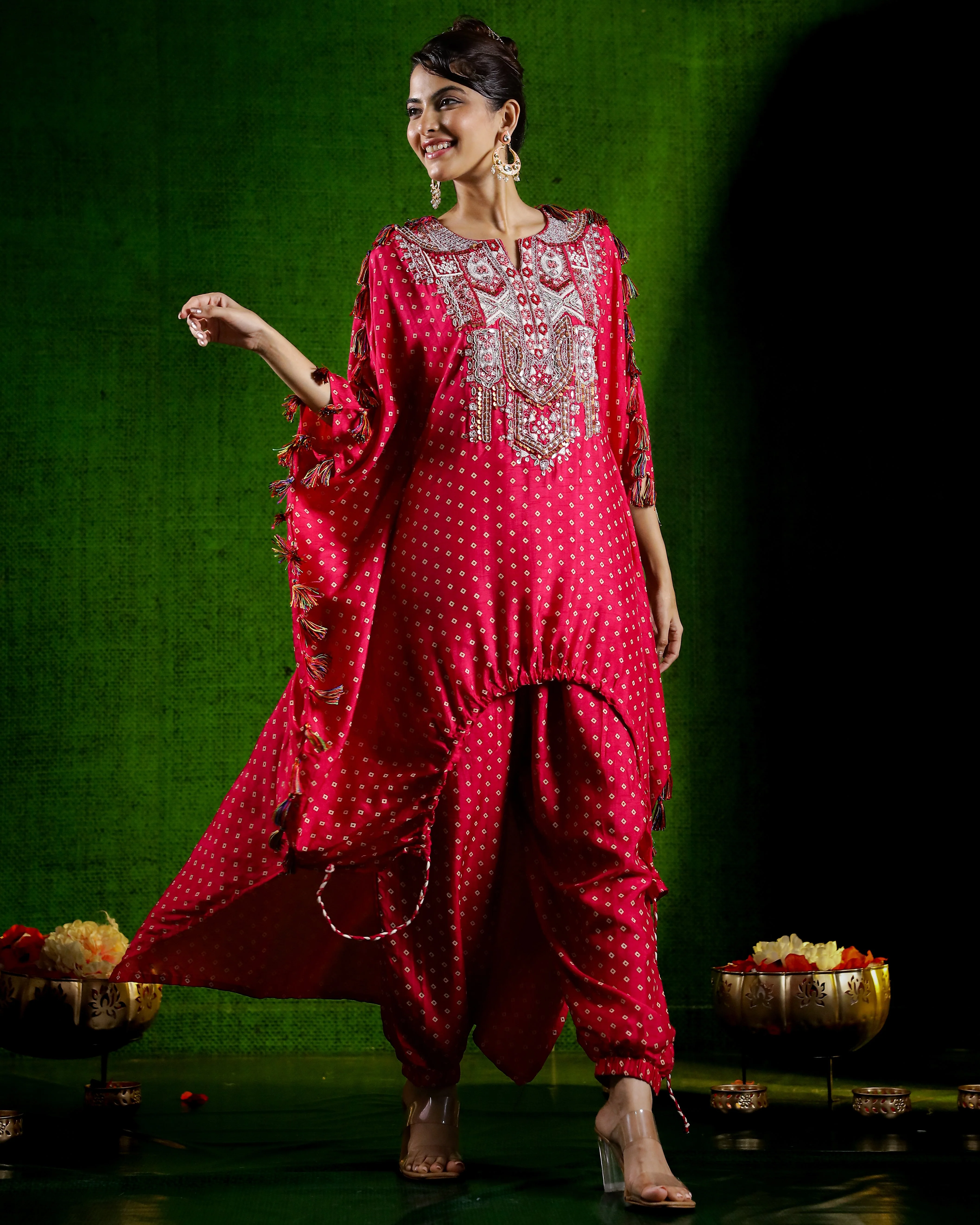 Rani Pink Embellished Spanish Silk Kaftan Set - Image 3