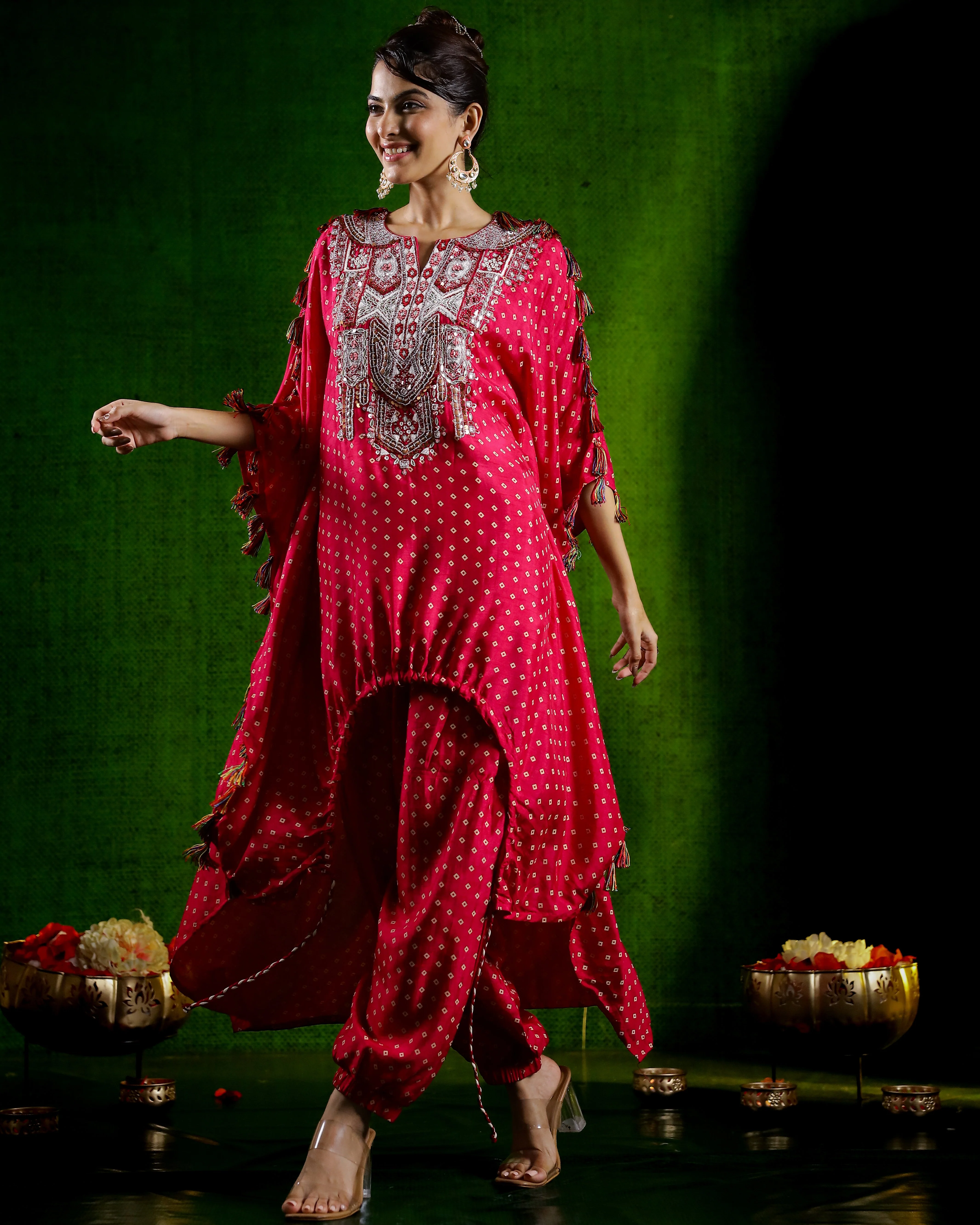 Rani Pink Embellished Spanish Silk Kaftan Set - Image 4