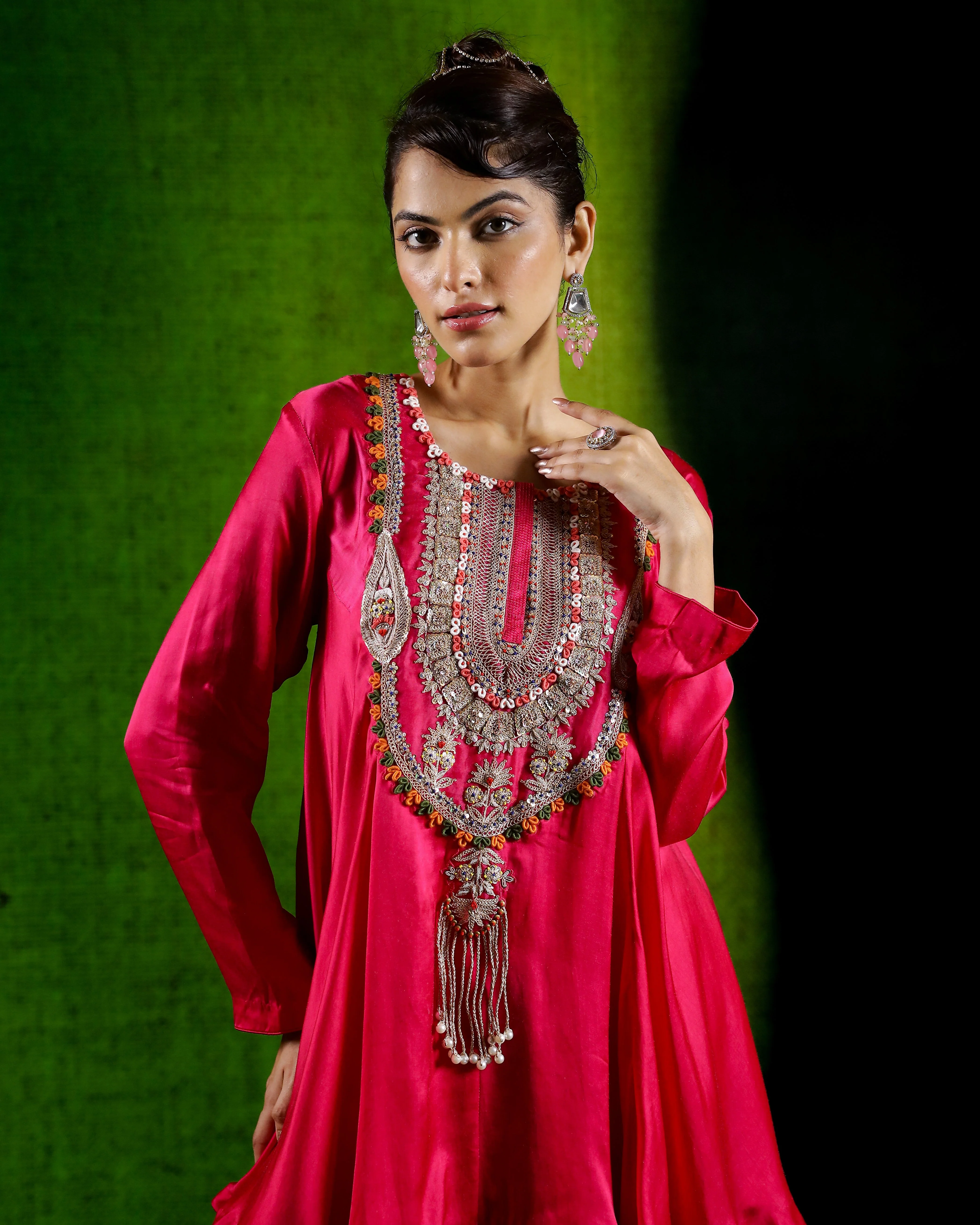 Rani Pink Embellished Satin Silk Skirt Set - Image 2