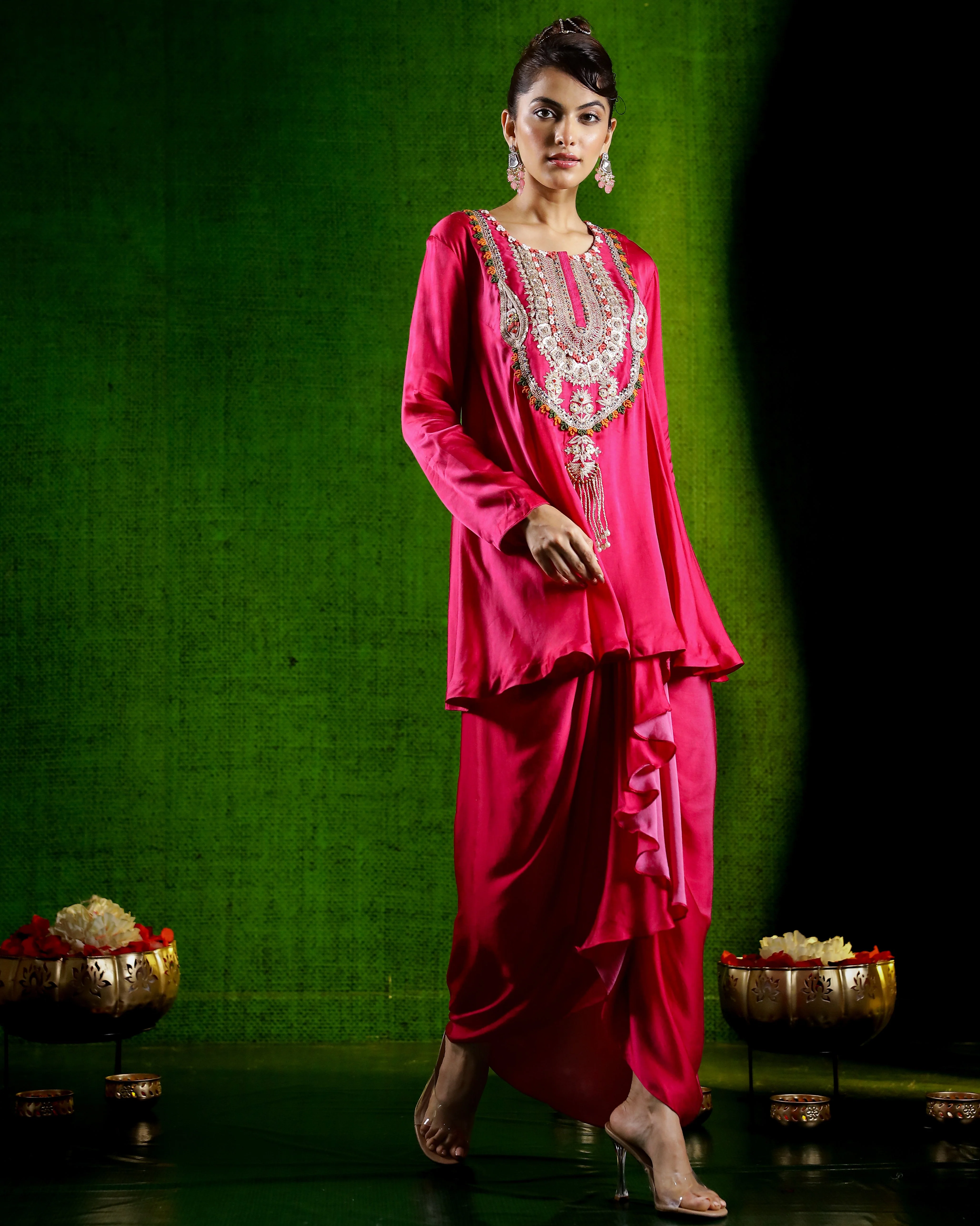 Rani Pink Embellished Satin Silk Skirt Set - Image 3