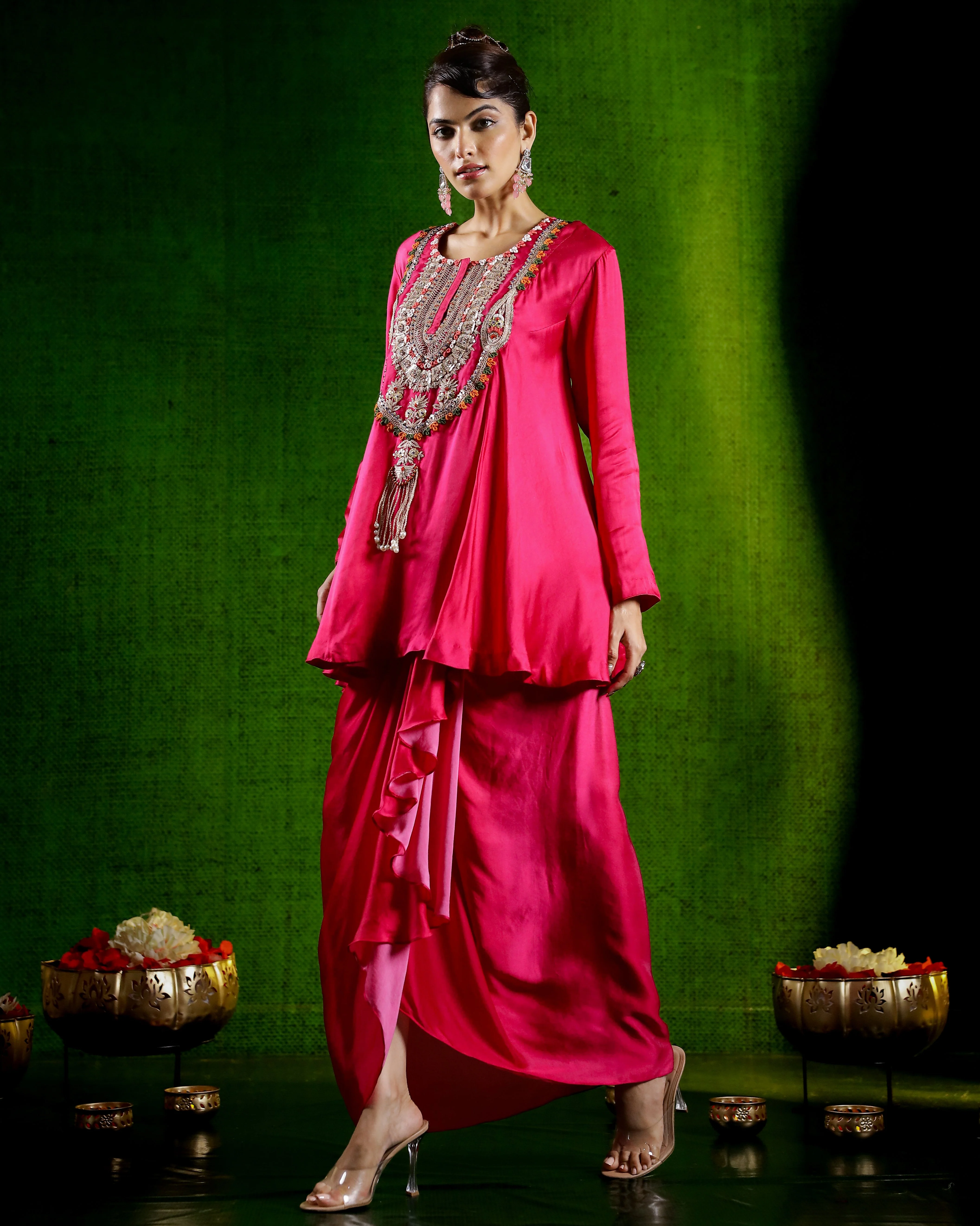 Rani Pink Embellished Satin Silk Skirt Set - Image 4