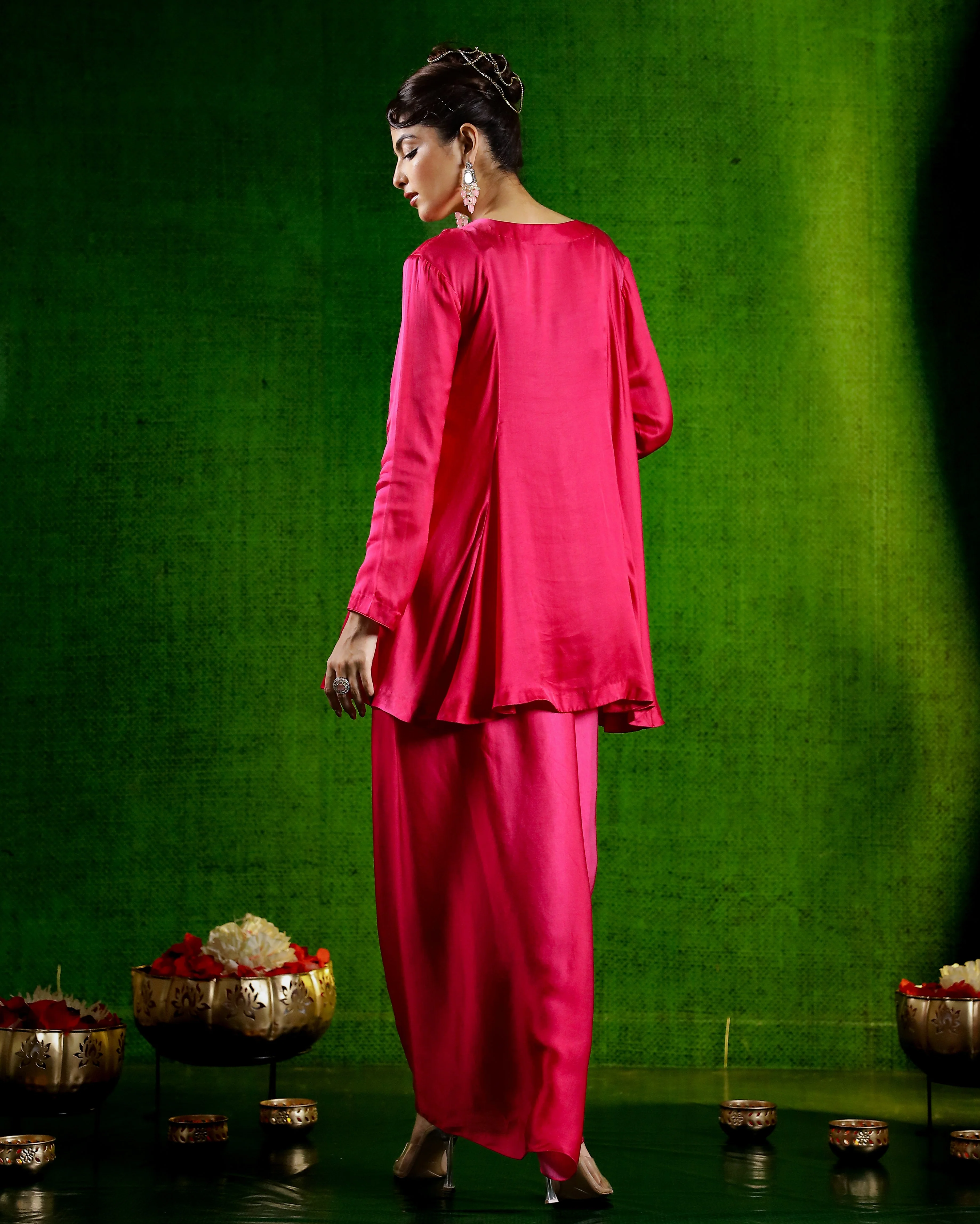 Rani Pink Embellished Satin Silk Skirt Set - Image 5