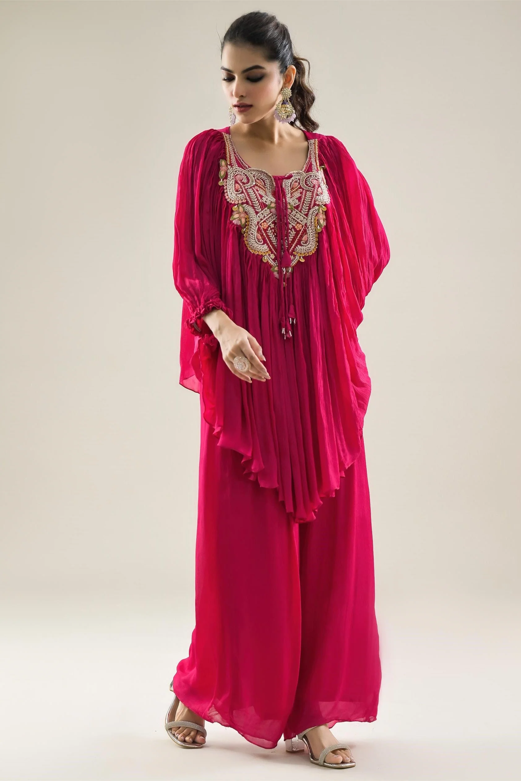 Rani Pink Embroidered Chinon Silk Kaftan & Palazzo Set - Image 3