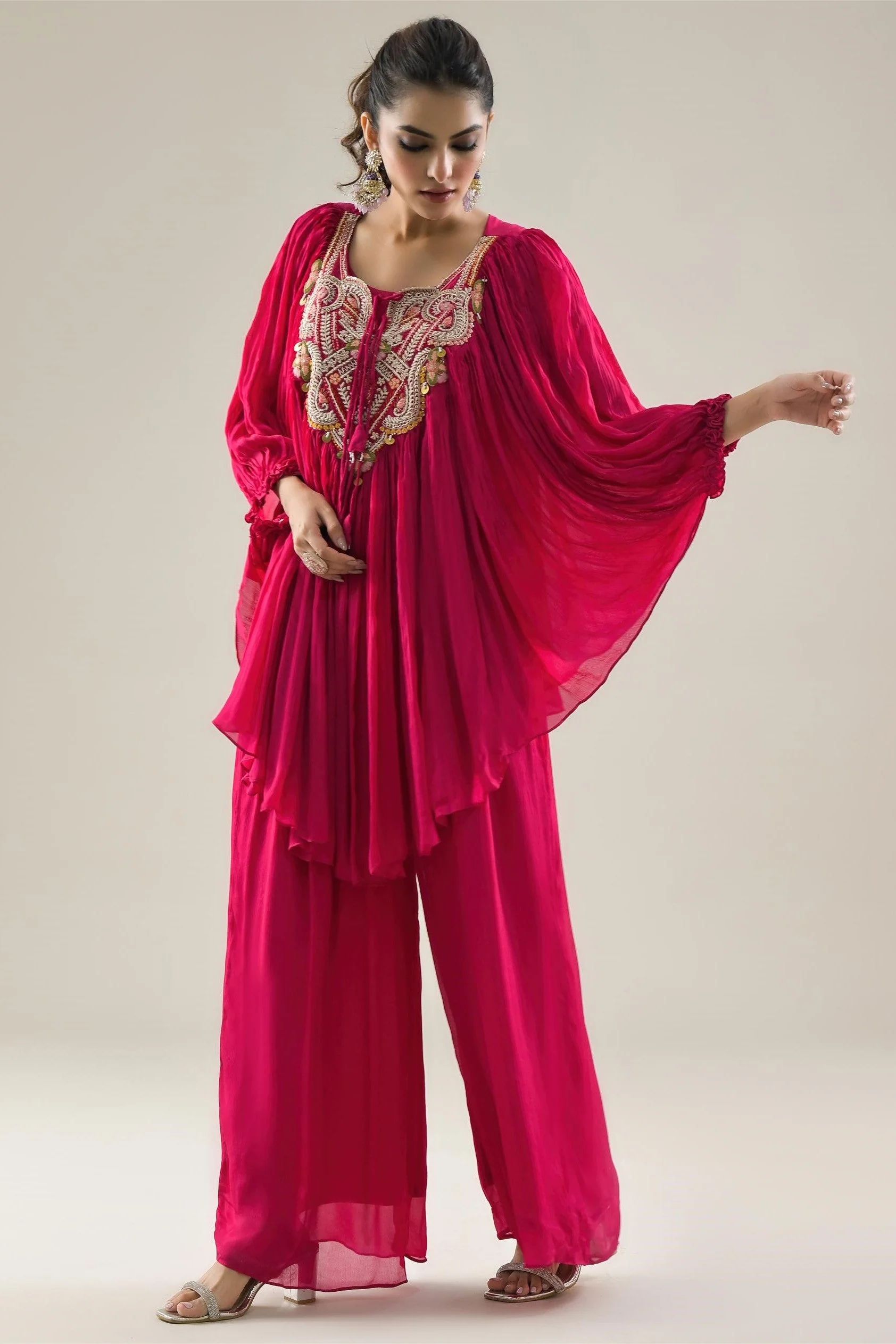 Rani Pink Embroidered Chinon Silk Kaftan & Palazzo Set - Image 4