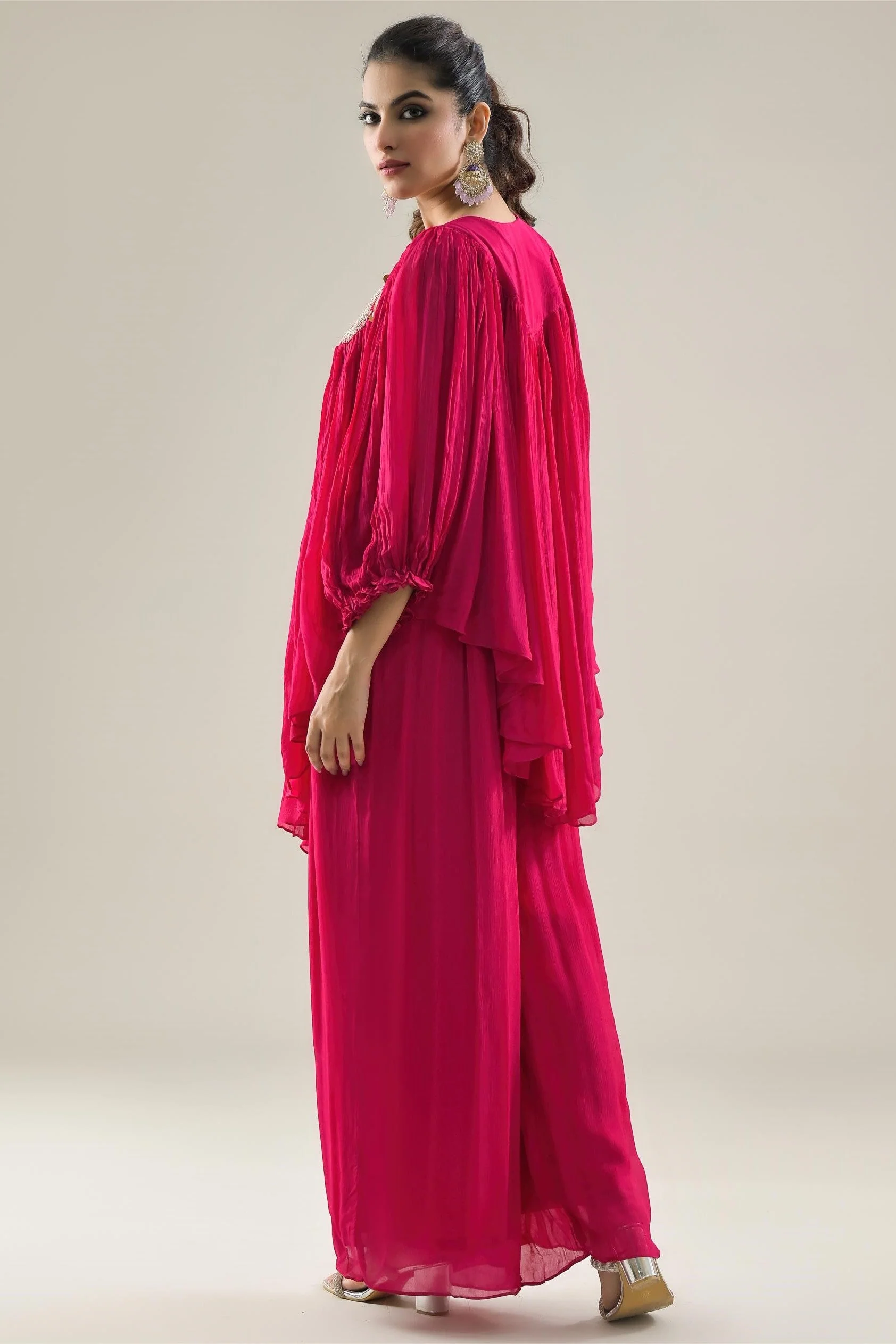 Rani Pink Embroidered Chinon Silk Kaftan & Palazzo Set - Image 5