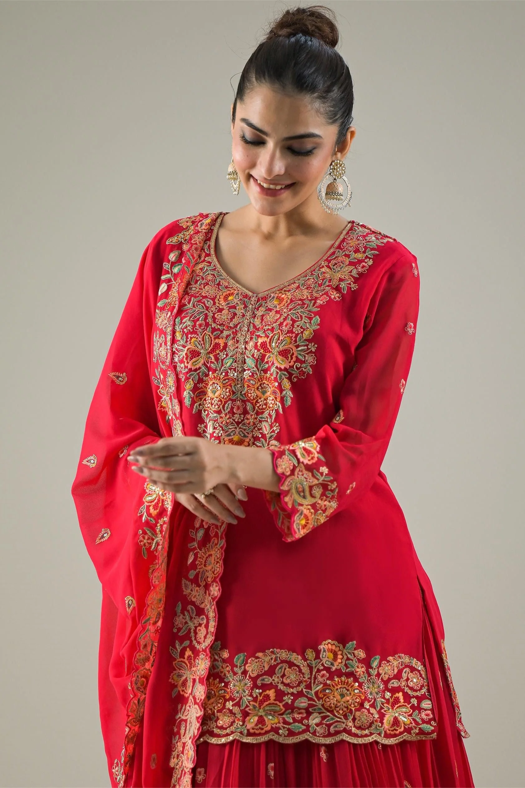 Rani Pink Embroidered Georgette Silk Lehenga Set - Image 2