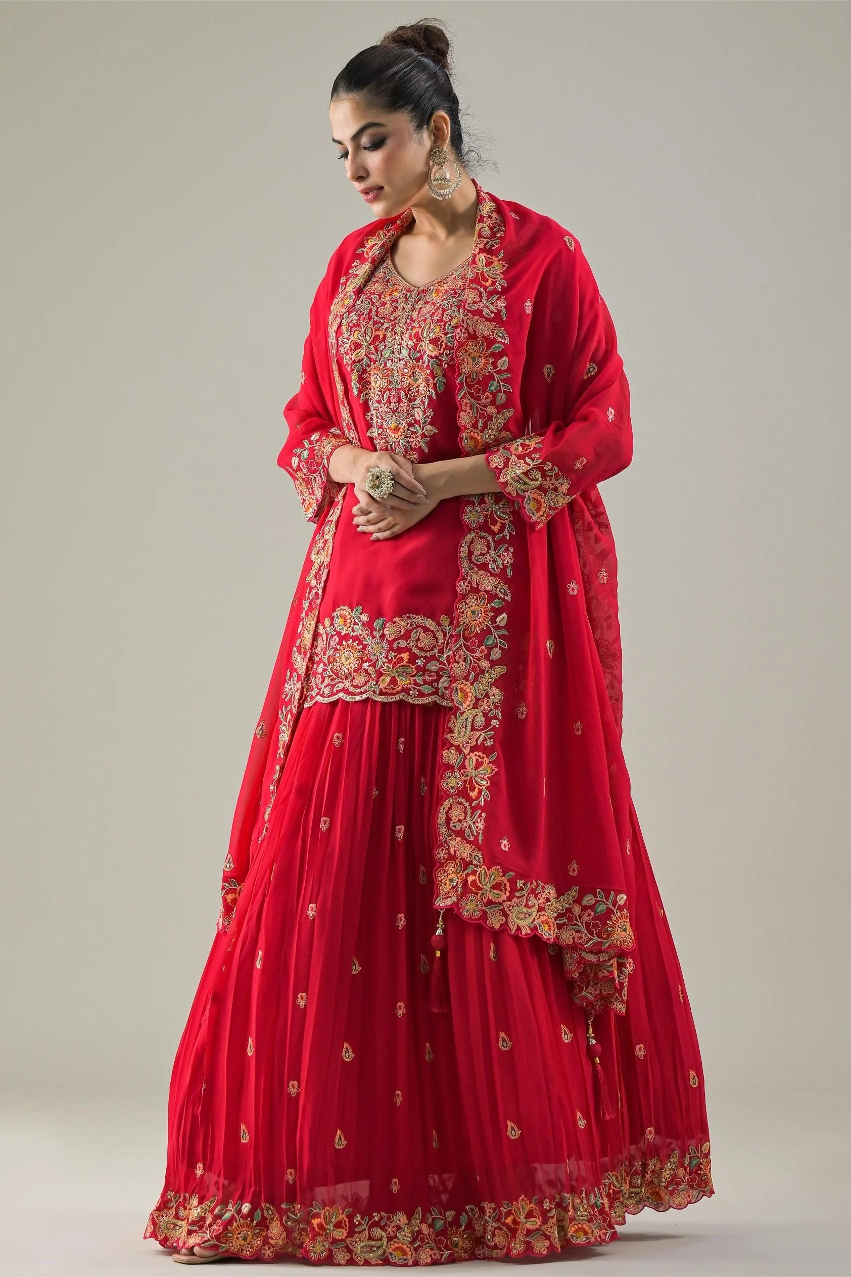 Rani Pink Embroidered Georgette Silk Lehenga Set - Image 4