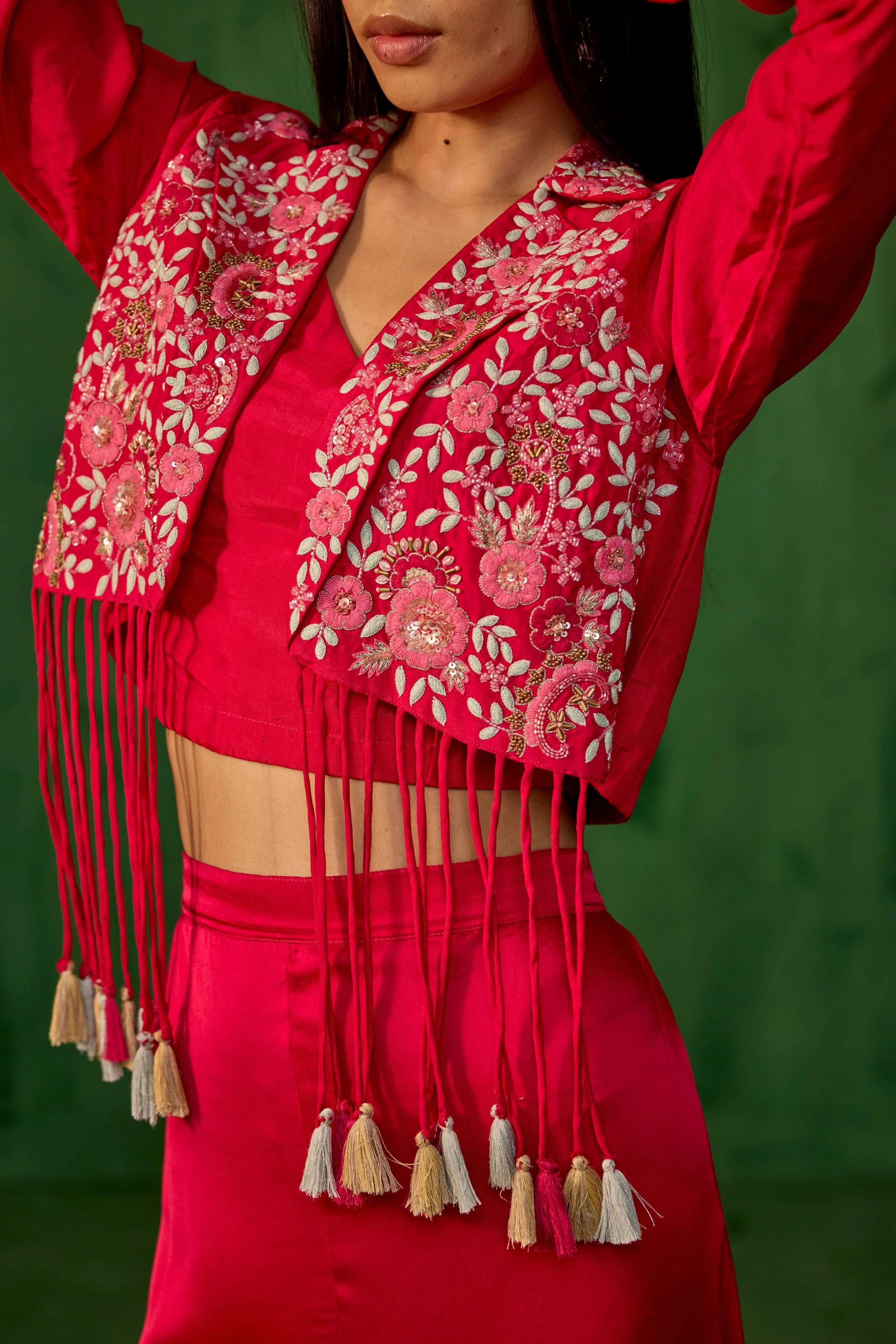 Rani Pink Embroidered Raw Silk Co-Ord Set - Image 2