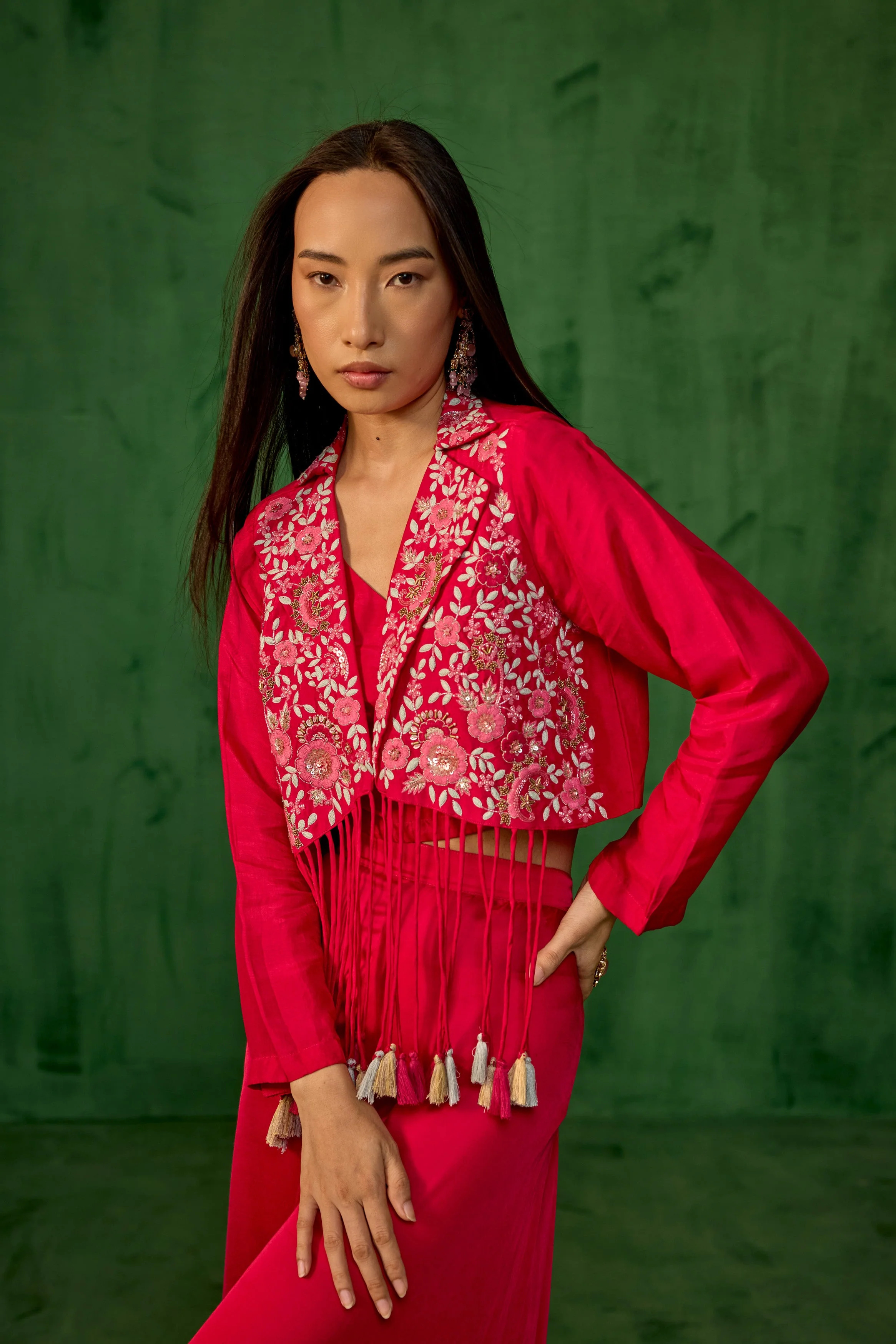 Rani Pink Embroidered Raw Silk Co-Ord Set - Image 3