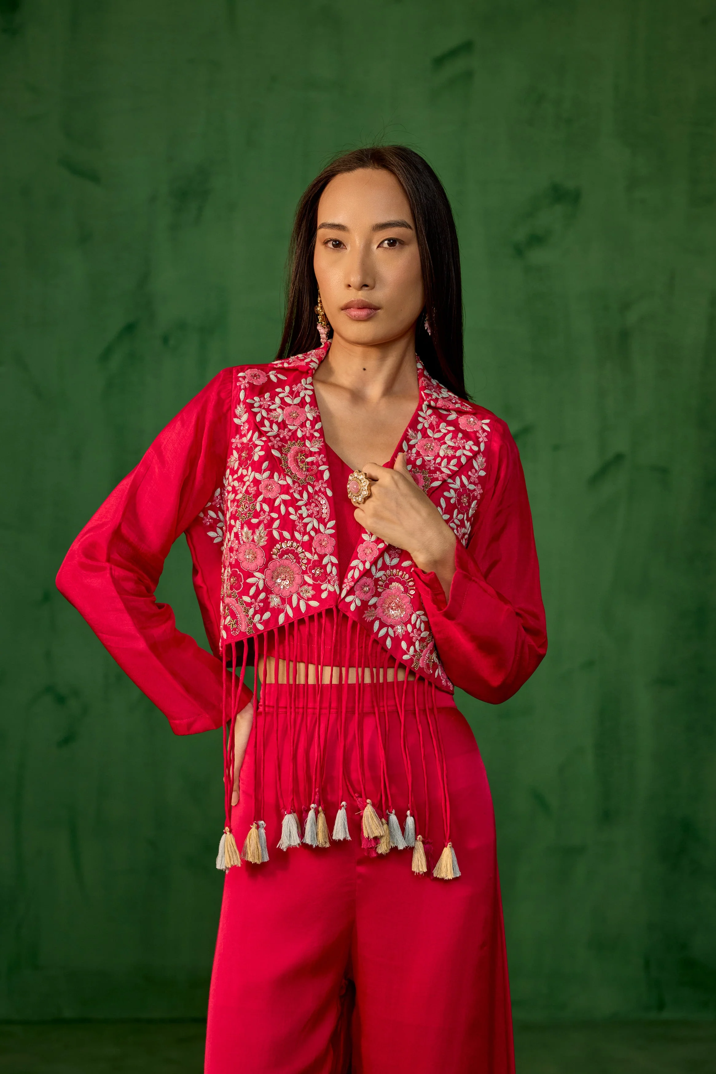 Rani Pink Embroidered Raw Silk Co-Ord Set - Image 4