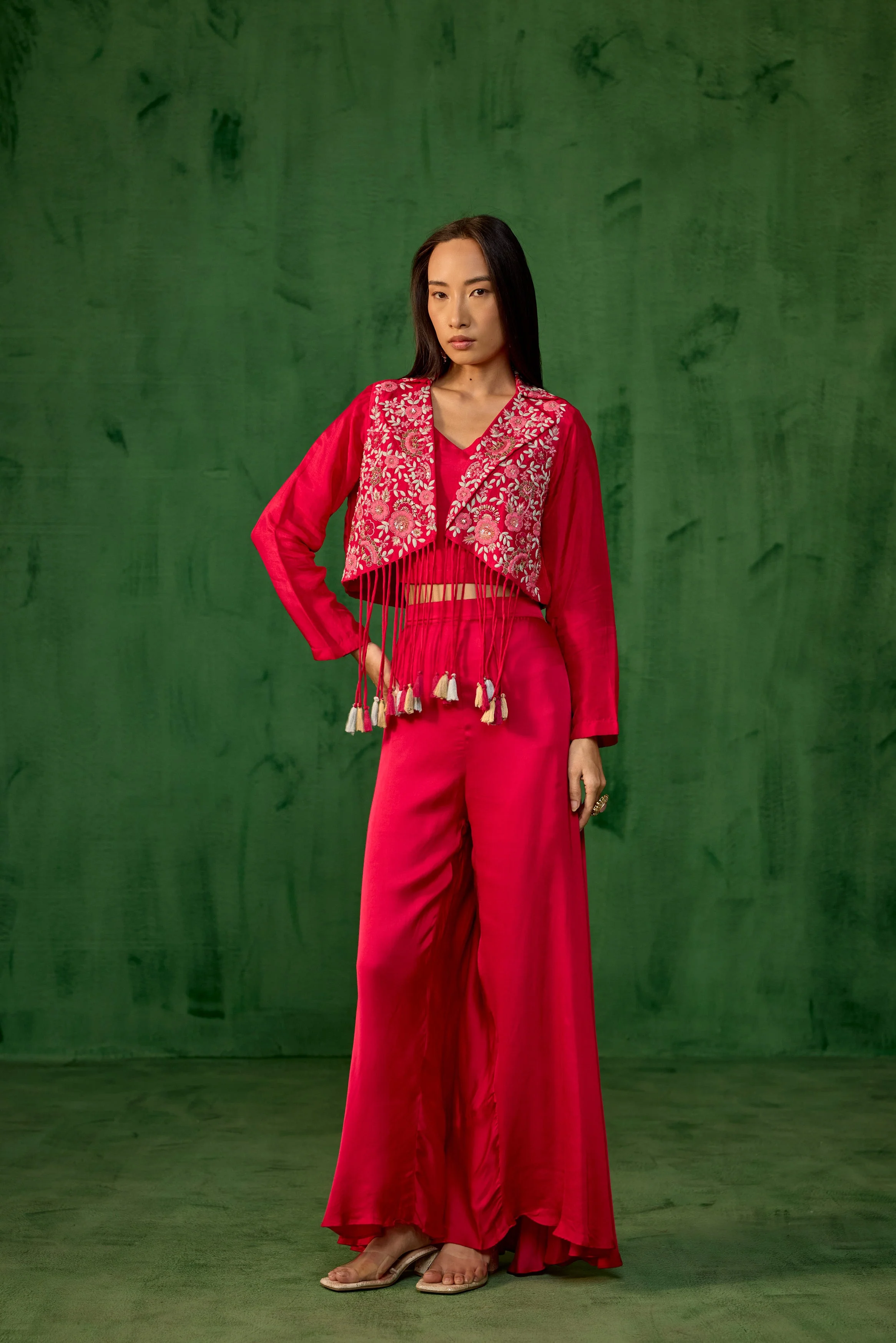 Rani Pink Embroidered Raw Silk Co-Ord Set - Image 6