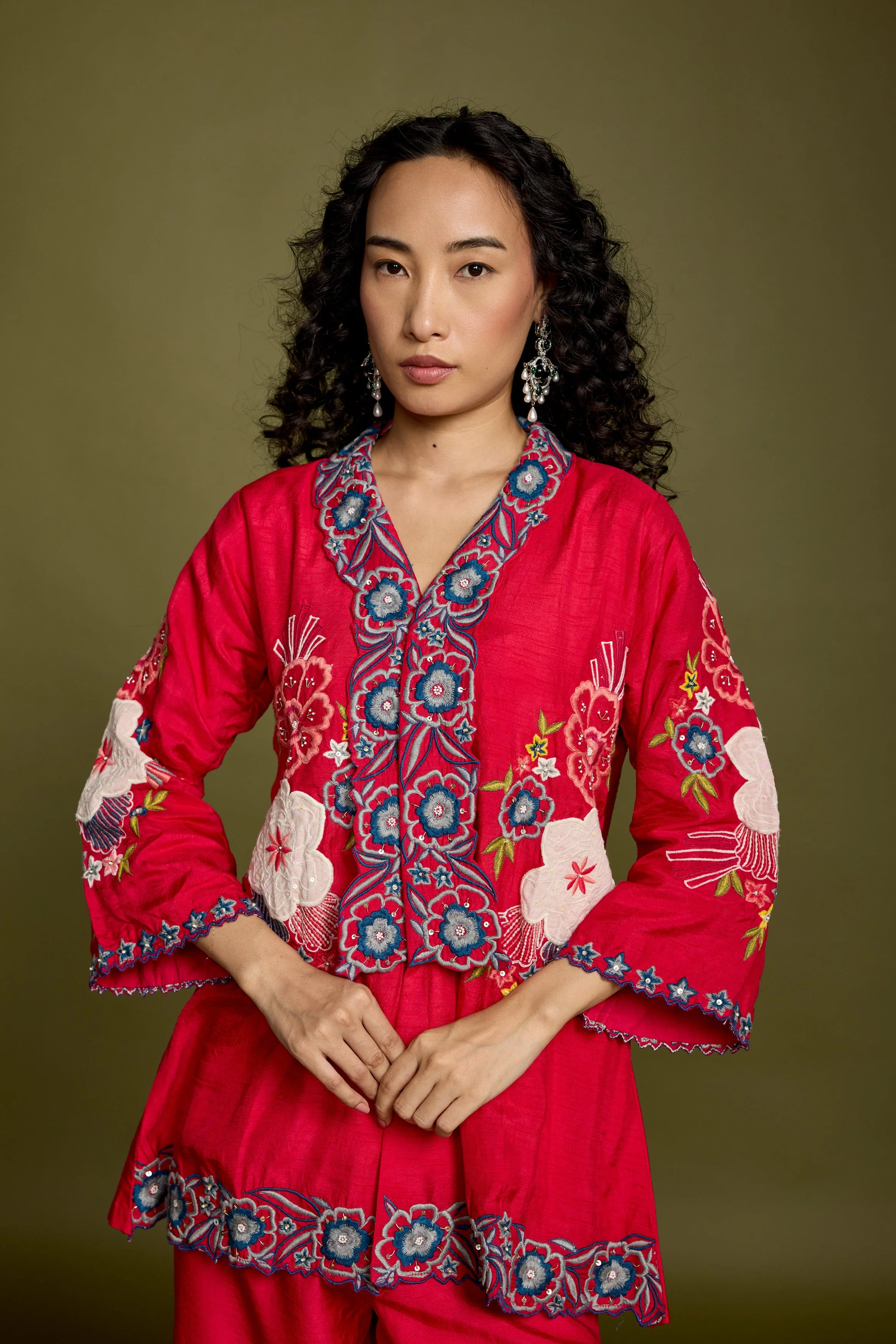Deep Rose Embellished Raw Silk Co-Ord Set - Image 3