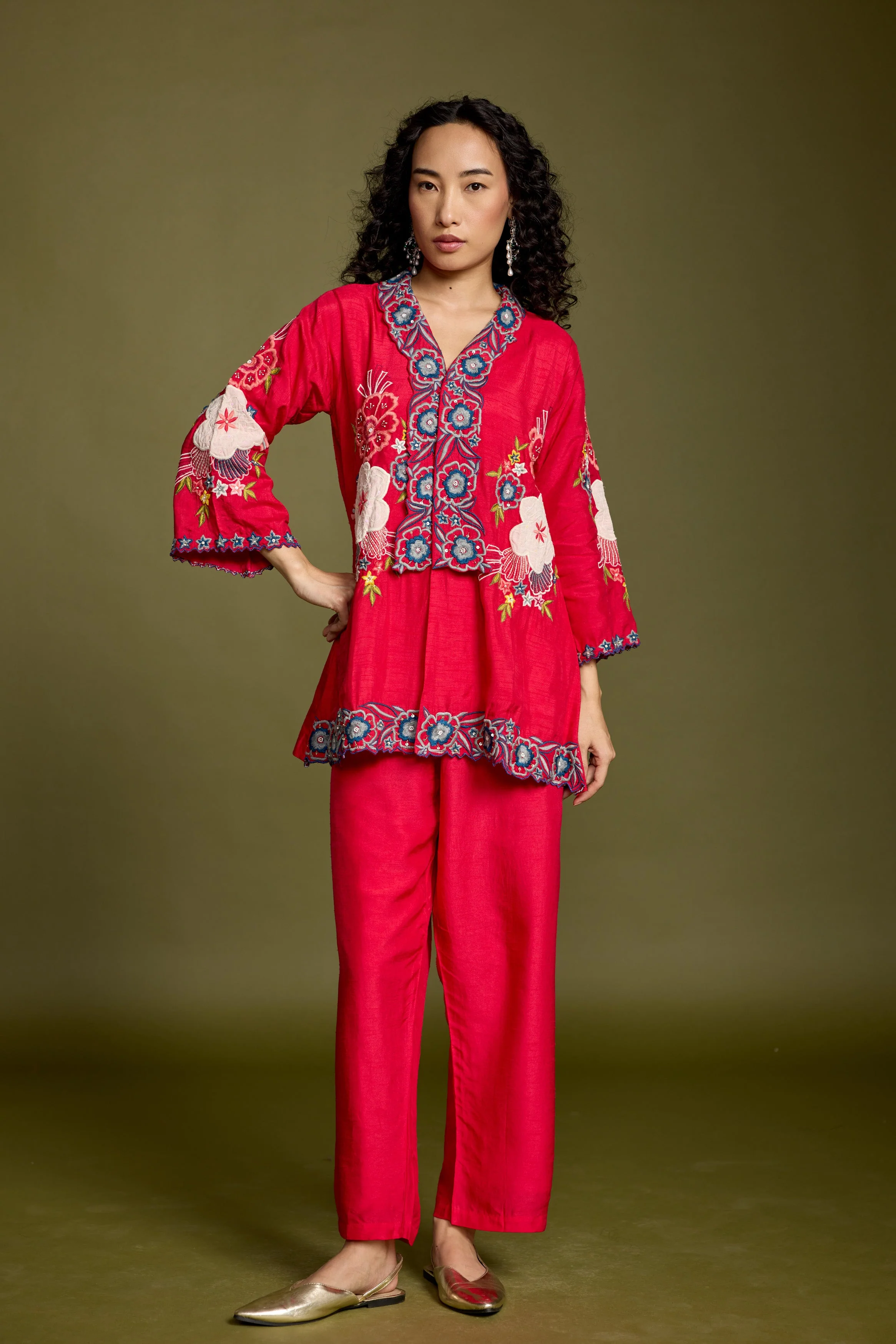 Deep Rose Embellished Raw Silk Co-Ord Set - Image 4