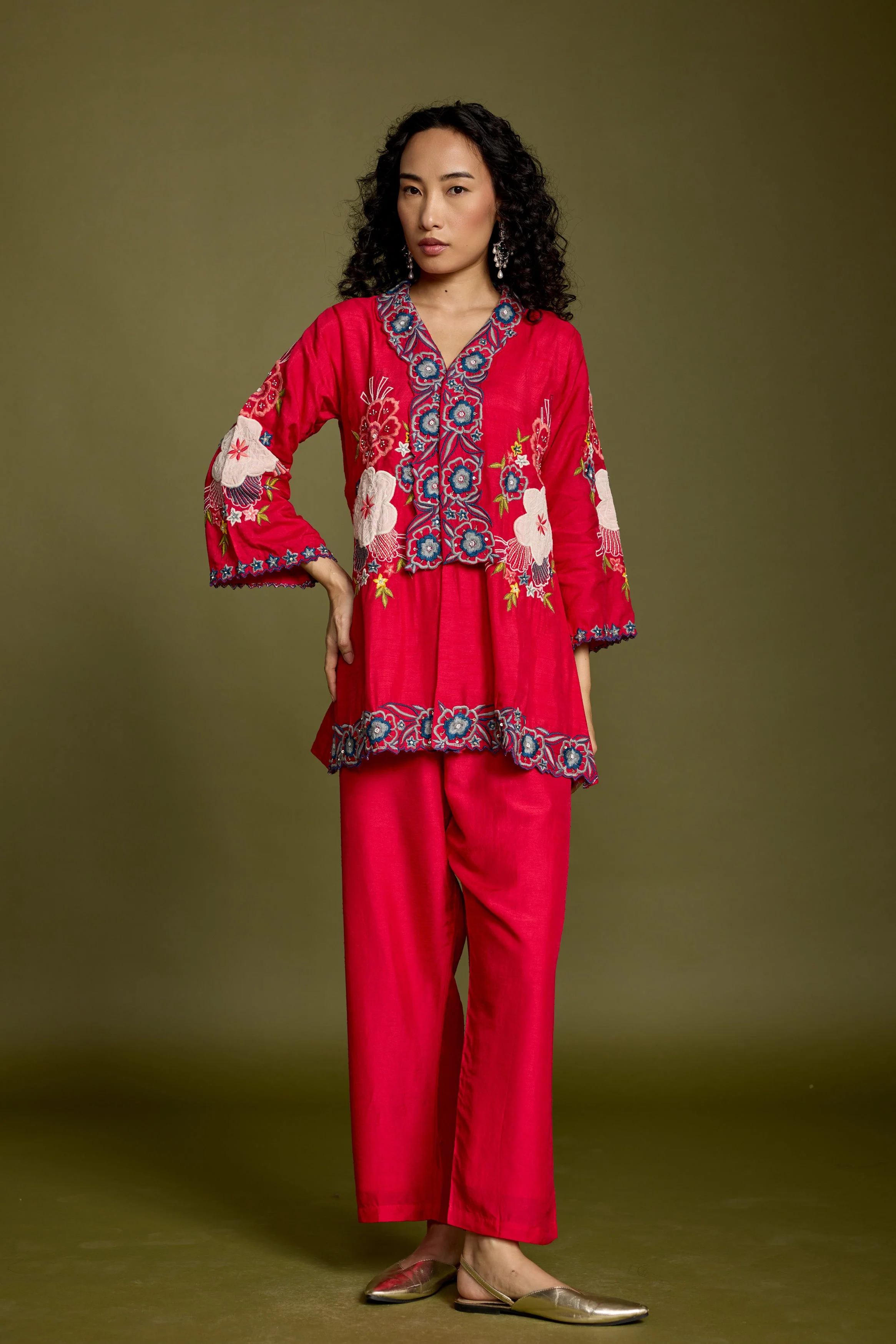 Deep Rose Embellished Raw Silk Co-Ord Set - Image 5