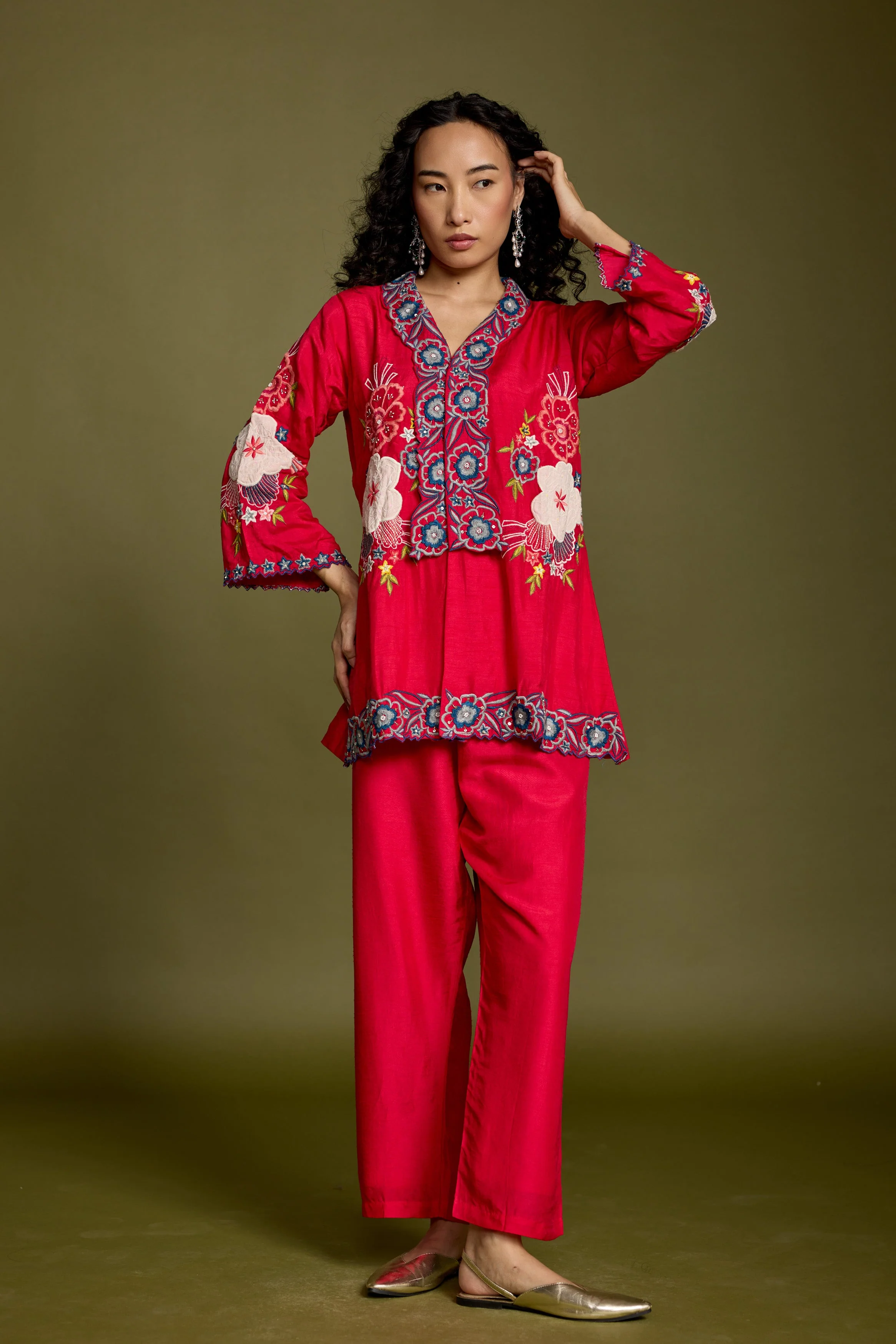 Deep Rose Embellished Raw Silk Co-Ord Set - Image 6