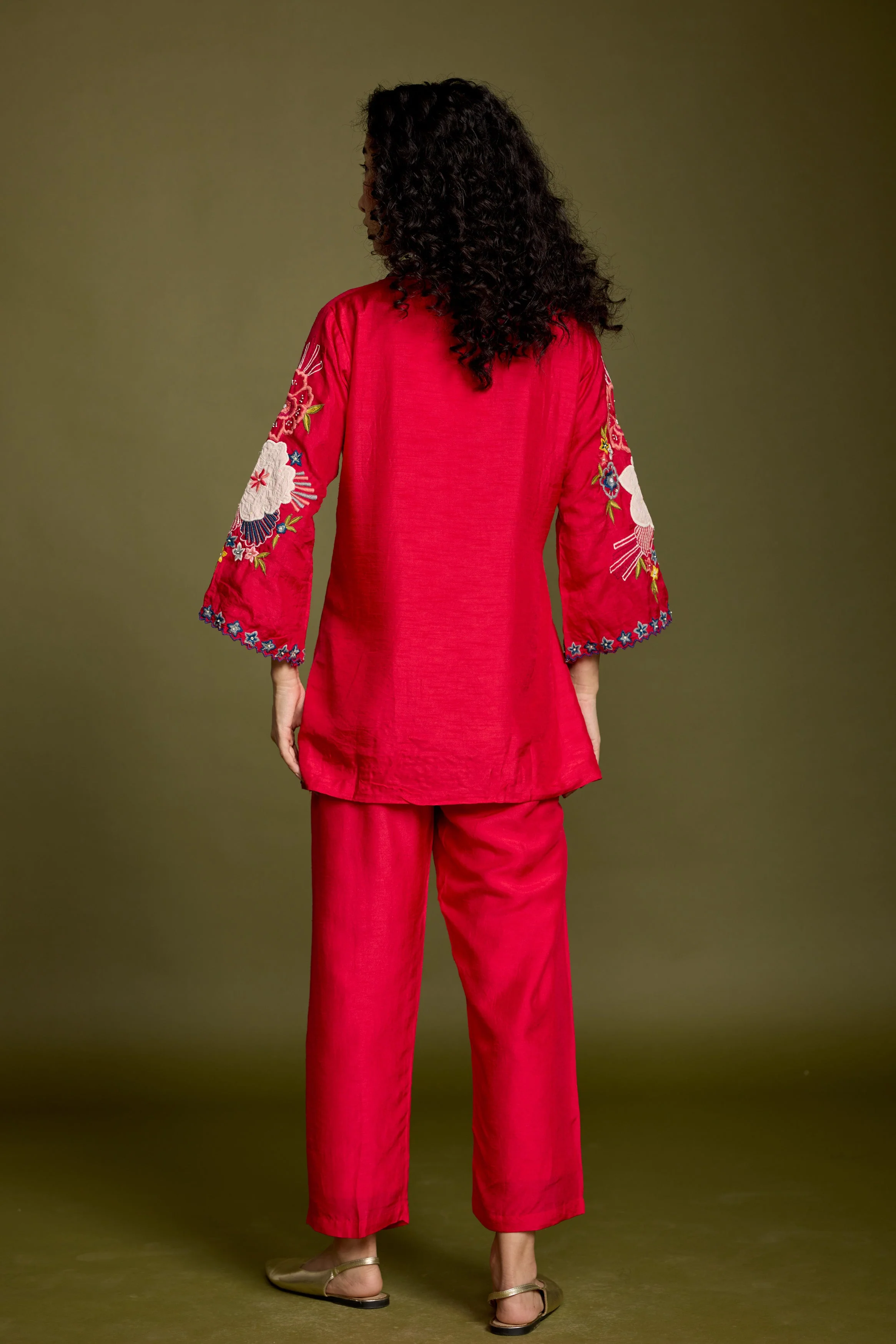 Deep Rose Embellished Raw Silk Co-Ord Set - Image 7