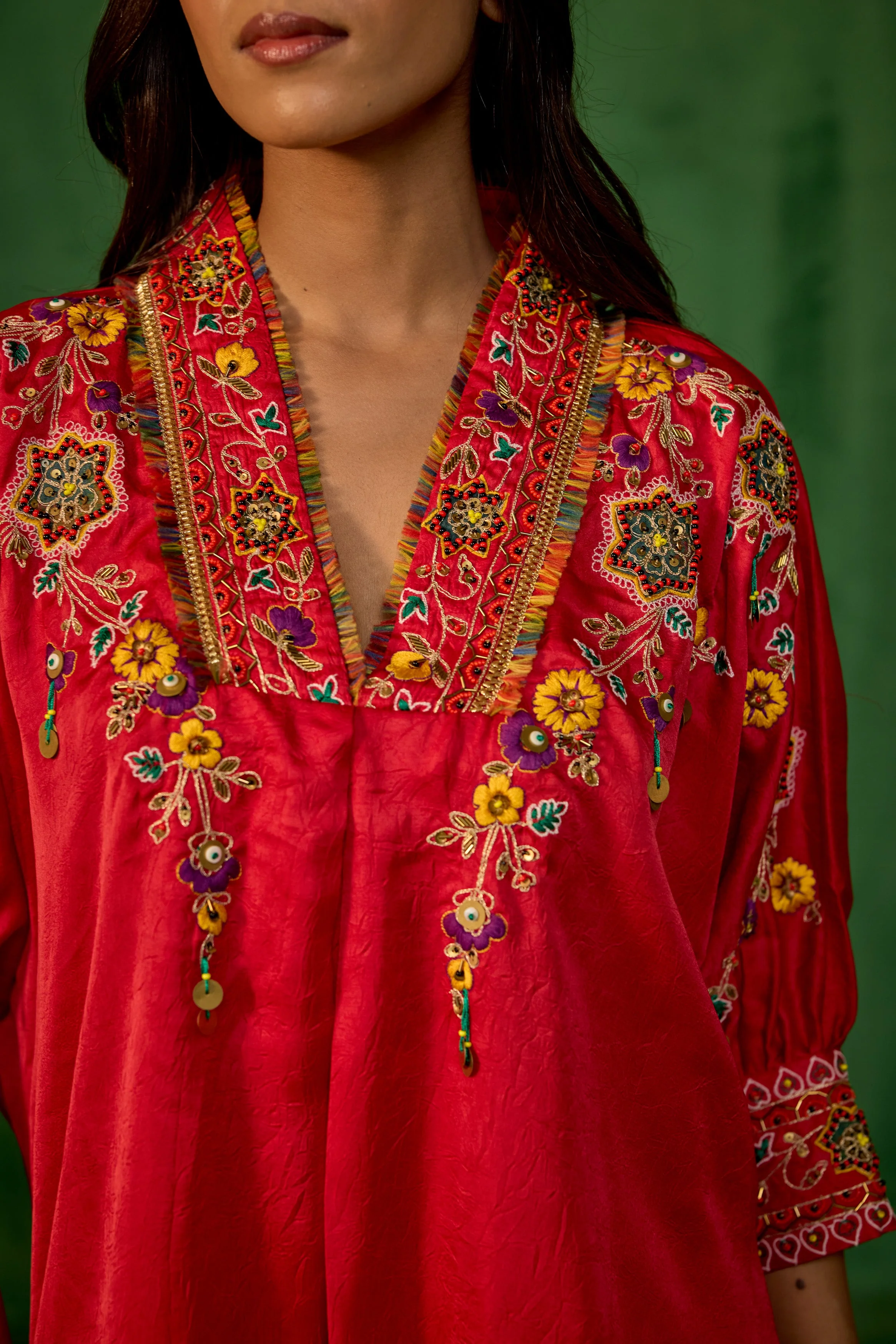 Premium Red Embroidered Crushed Silk Co-Ord Set - Image 2